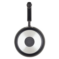 A black frying pan viewed from the bottom side with a visible metal base.