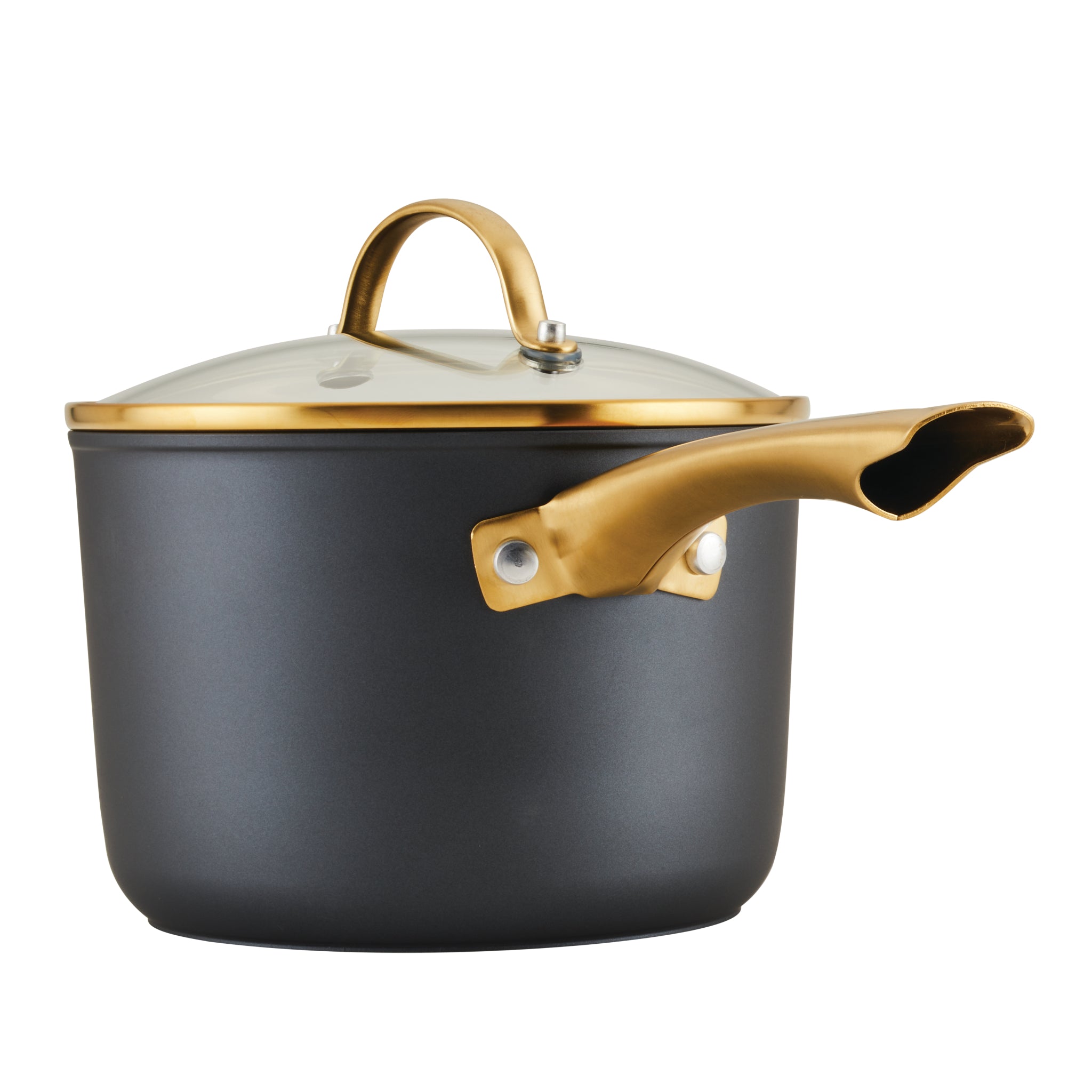 Introducing the Forged Induction Ceramic 3-Quart Sauce Pan With Lid, featuring a stylish black design with a luxurious gold handle. Constructed from durable forged aluminum, its ceramic nonstick interior and steel base guarantee even heating for superior cooking performance.