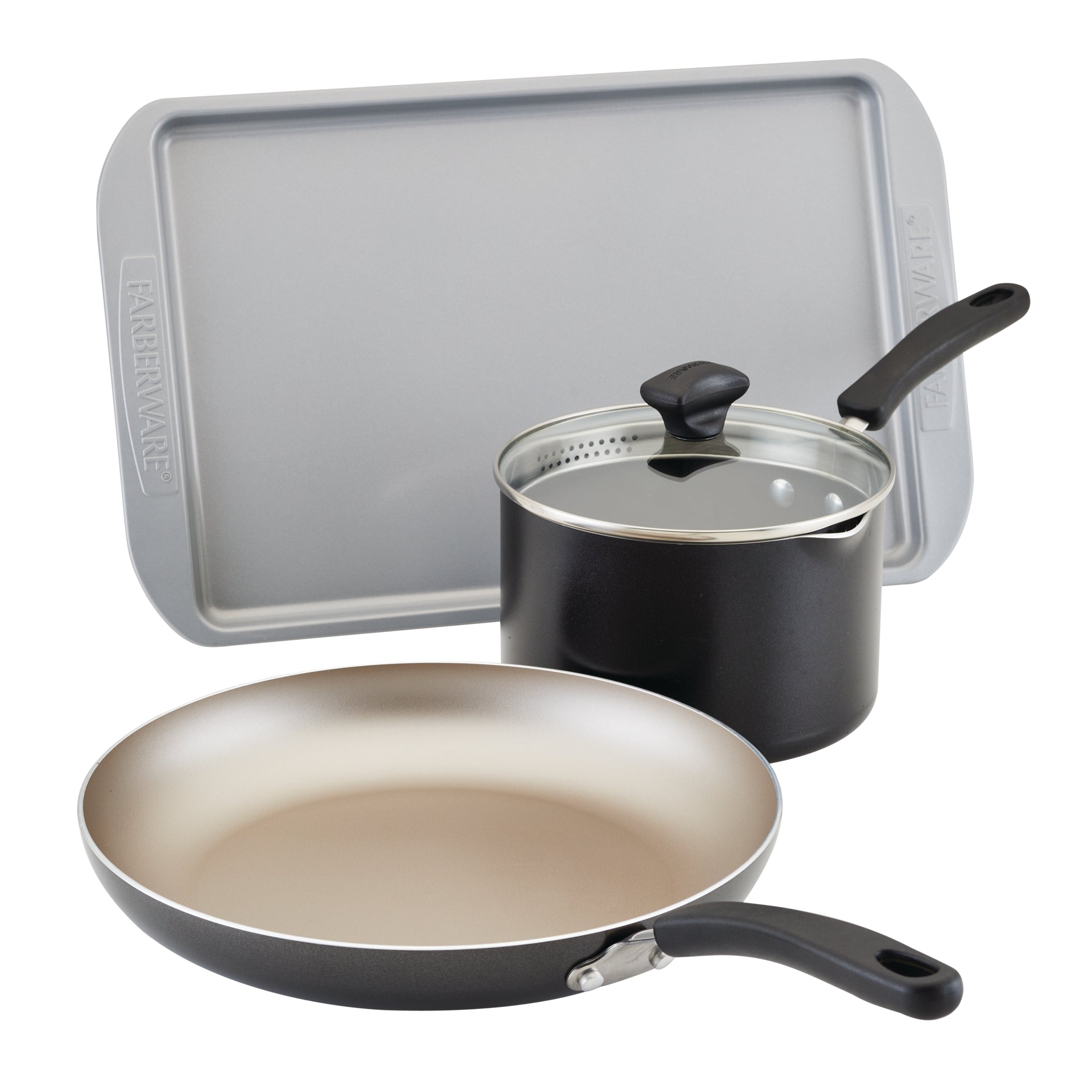 The versatile 3 Piece Bake and Cook Triple Bundle with Lid includes a saucepan, frying pan, and baking sheet, all featuring nonstick surfaces for easy cooking and cleanup.
