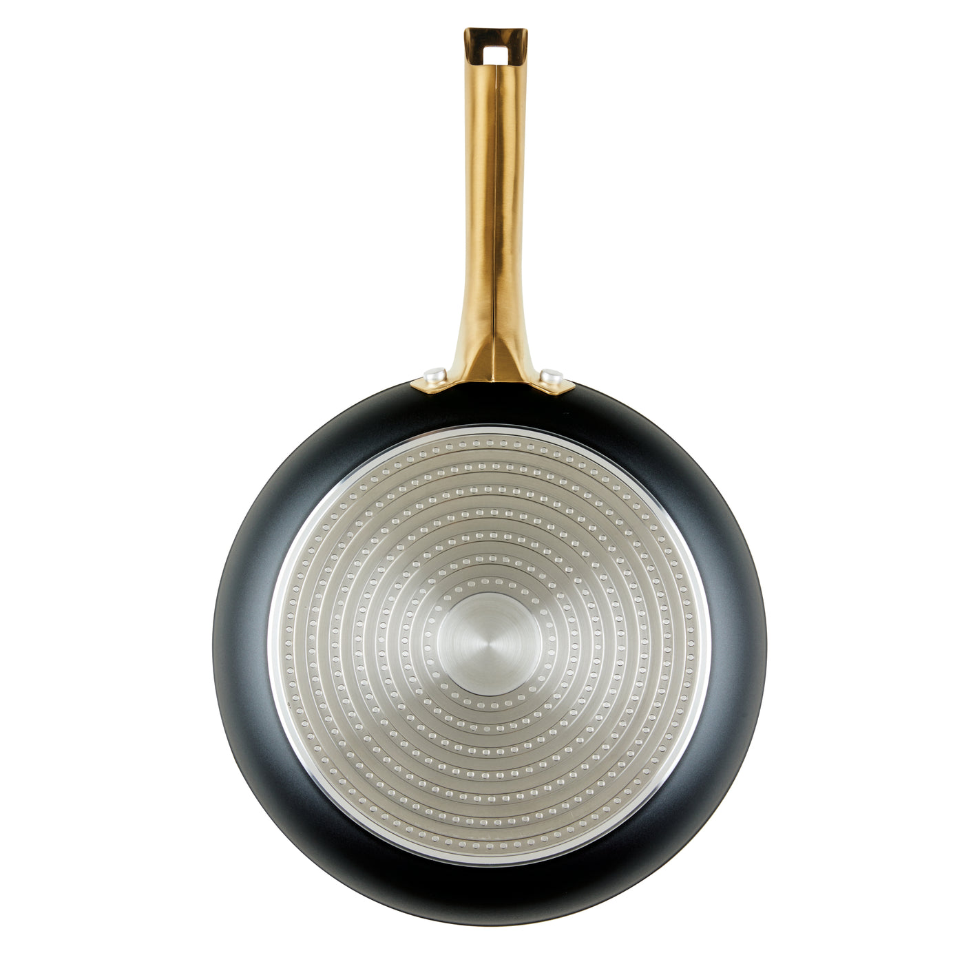 The Forged Induction Ceramic 10-Inch Frying Pan, featuring a forged aluminum base and a long handle, as seen from above.
