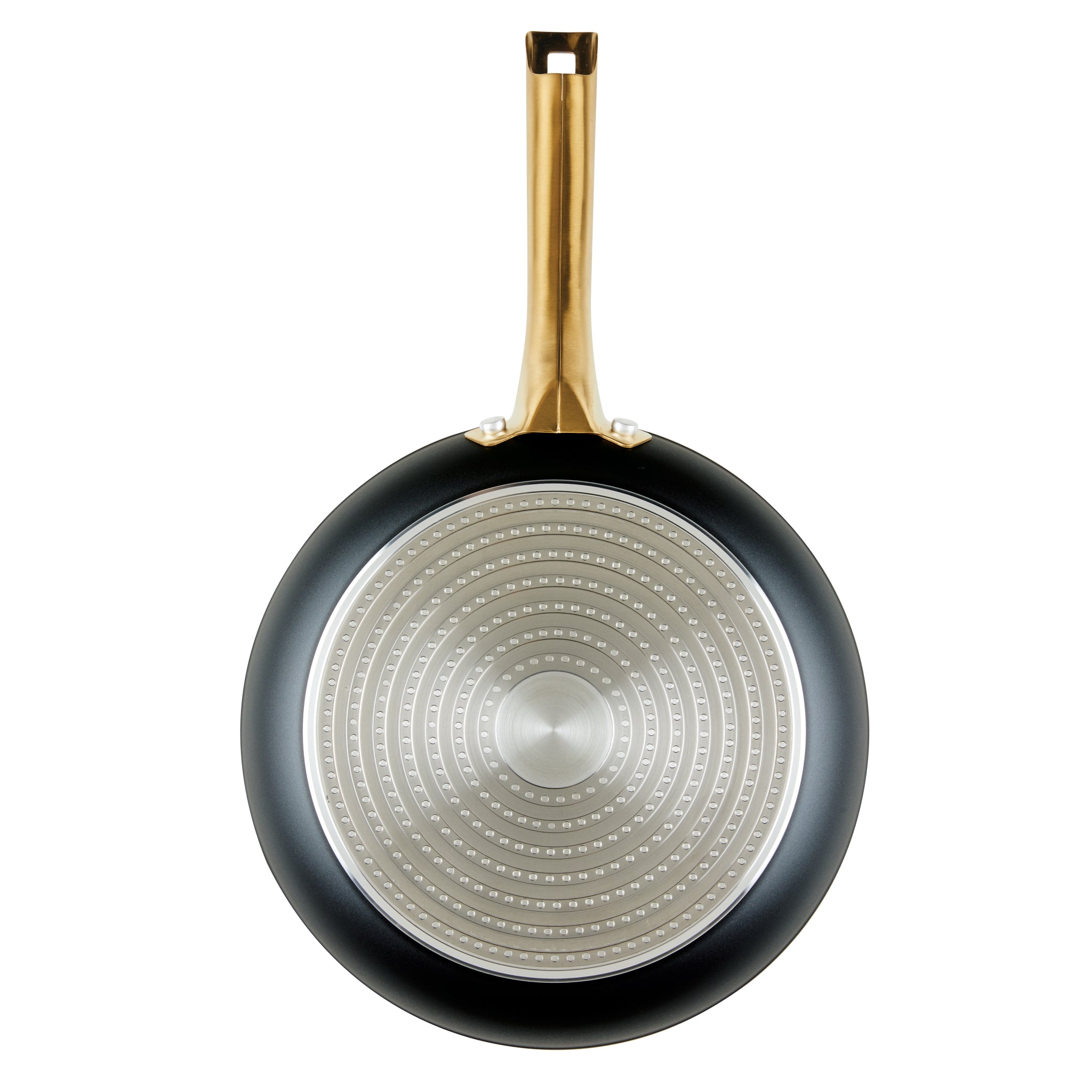 The Forged Induction Ceramic 10-Inch Frying Pan, featuring a forged aluminum base and a long handle, as seen from above.