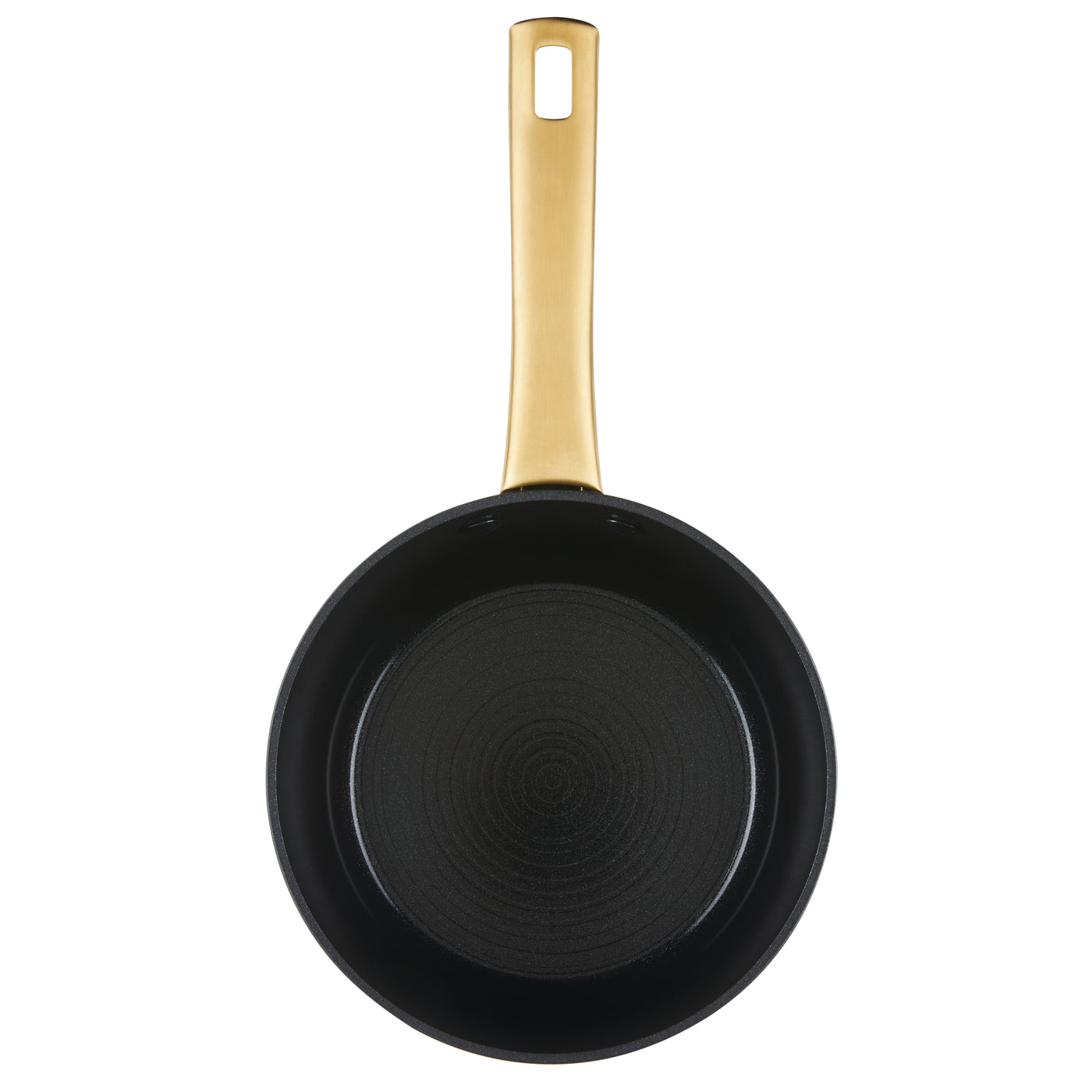 A black 3-quart sauce pan with a gold-colored handle, crafted from durable aluminum for excellent heat distribution and featuring an induction-ready ceramic nonstick surface.