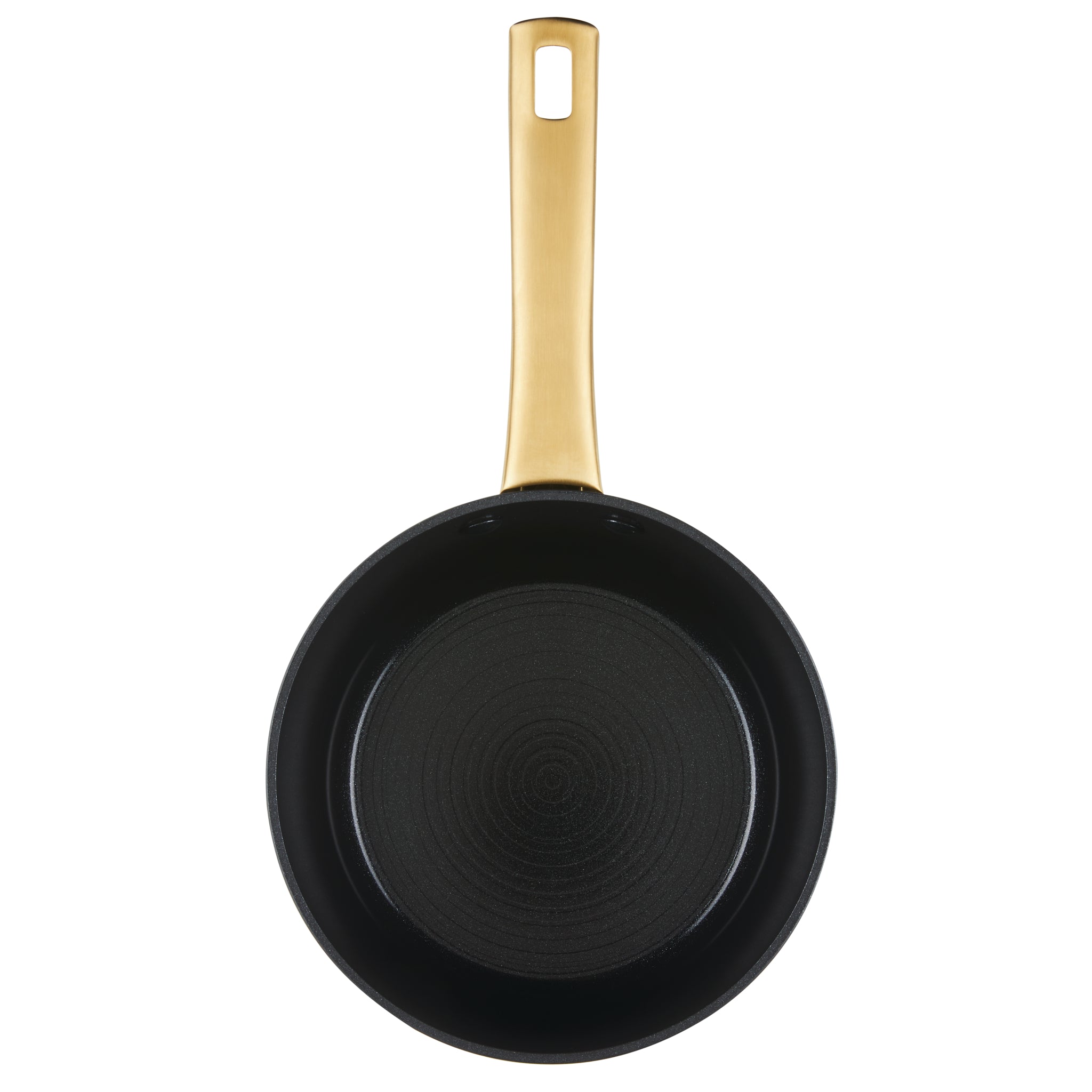 A black 3-quart sauce pan with a gold-colored handle, crafted from durable aluminum for excellent heat distribution and featuring an induction-ready ceramic nonstick surface.