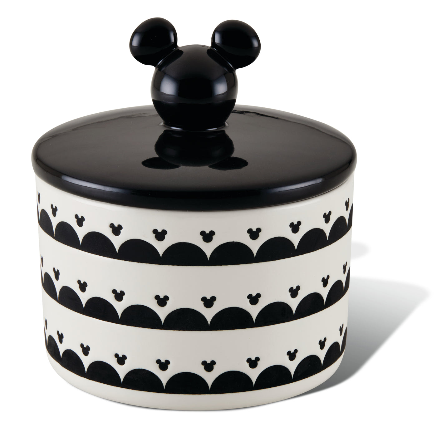 Ceramic jar with an airtight lid, featuring a black and white design and Disney's Mickey Mouse ear lid.