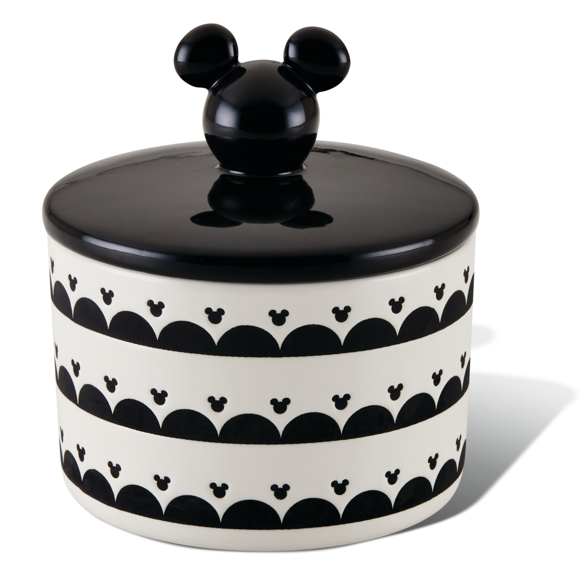 Ceramic jar with an airtight lid, featuring a black and white design and Disney's Mickey Mouse ear lid.