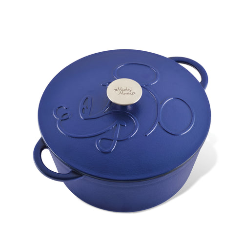 Bon Voyage 4.75-Quart Pre-Seasoned Cast-Iron Dutch Oven in blue, featuring an embossed design and Disney Mickey Mouse text on the lid, perfect for nautical adventures.