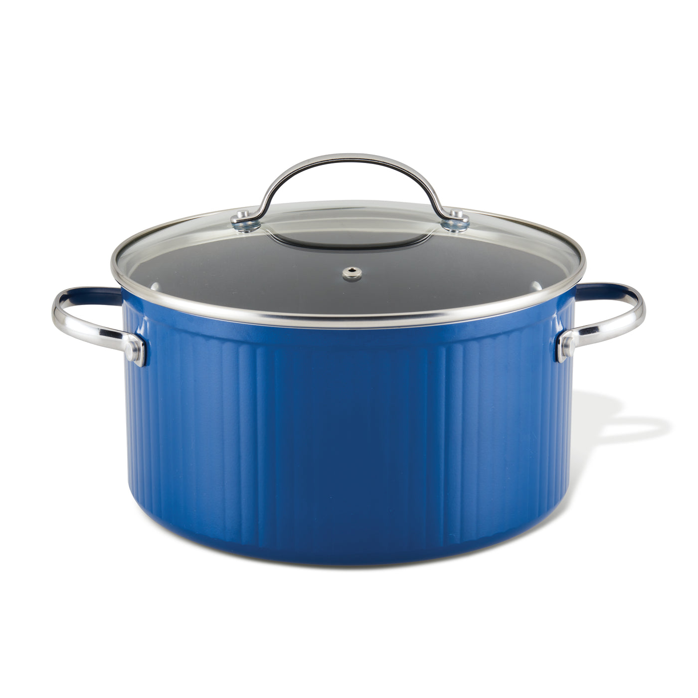 Style Nonstick Cookware Stockpot, 6-Quart with a glass lid and metal handles, made from fast-heating aluminum for efficient cooking.