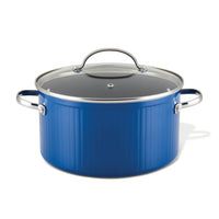 Style Nonstick Cookware Stockpot, 6-Quart with a glass lid and metal handles, made from fast-heating aluminum for efficient cooking.