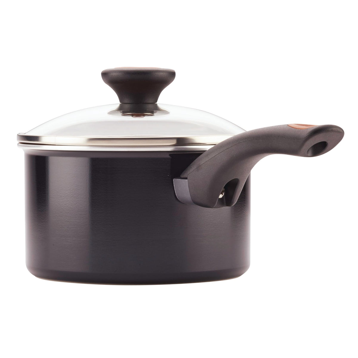 Black saucepan with a glass lid and a black handle.