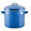 16-Quart stockpot with a blue enamel finish, complete with lid and side handles, displayed on a white background.
