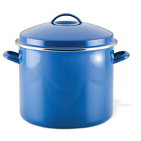 16-Quart stockpot with a blue enamel finish, complete with lid and side handles, displayed on a white background.