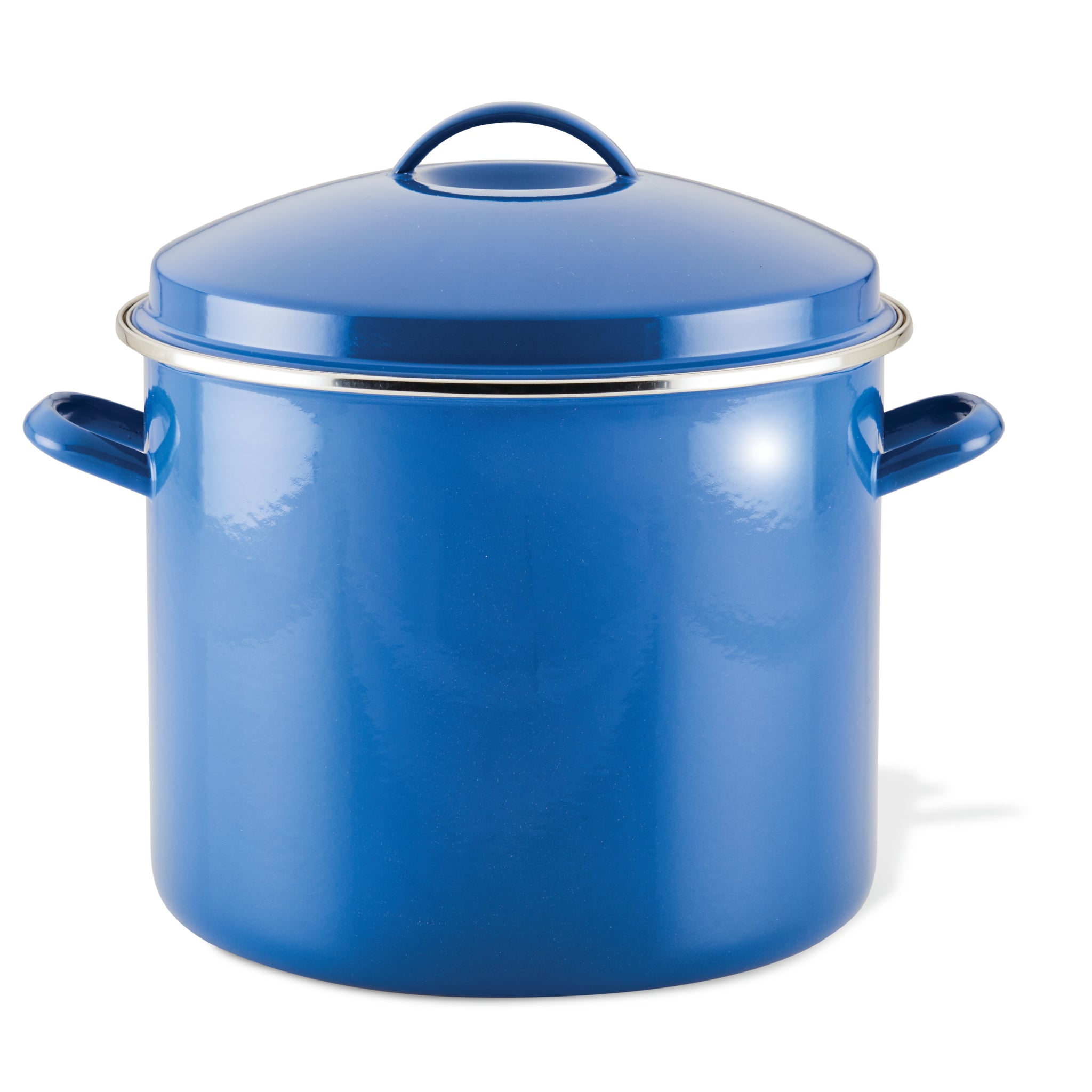 16-Quart stockpot with a blue enamel finish, complete with lid and side handles, displayed on a white background.