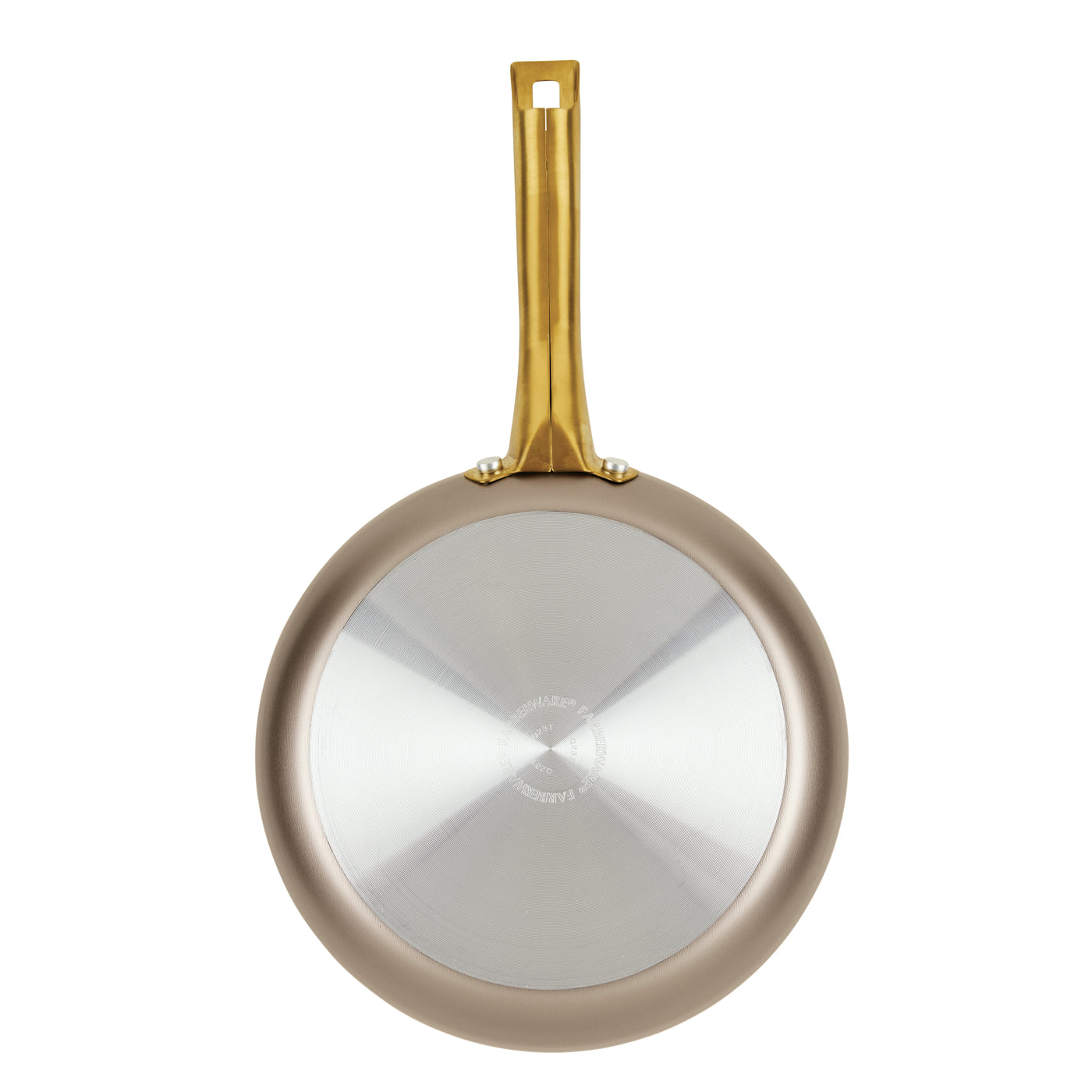 A frying pan from the Radiant Nonstick 12-Piece Cookware Set, featuring a silver bottom and a gold accent handle, viewed from above to highlight its elegant design and nonstick surface for even heat distribution.