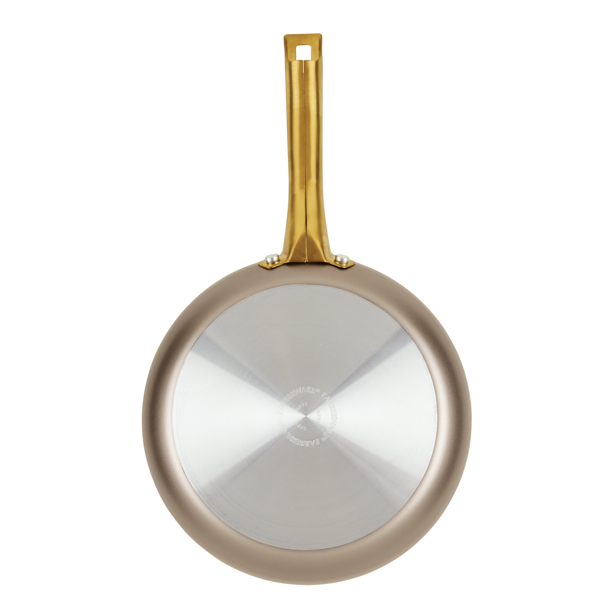 A frying pan from the Radiant Nonstick 12-Piece Cookware Set, featuring a silver bottom and a gold accent handle, viewed from above to highlight its elegant design and nonstick surface for even heat distribution.