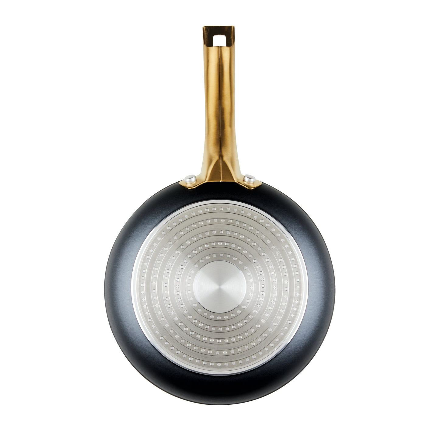 Forged Induction Ceramic 8.25-Inch Frying Pan, featuring a nonstick surface and a forged aluminum base with a gold handle, viewed from above.