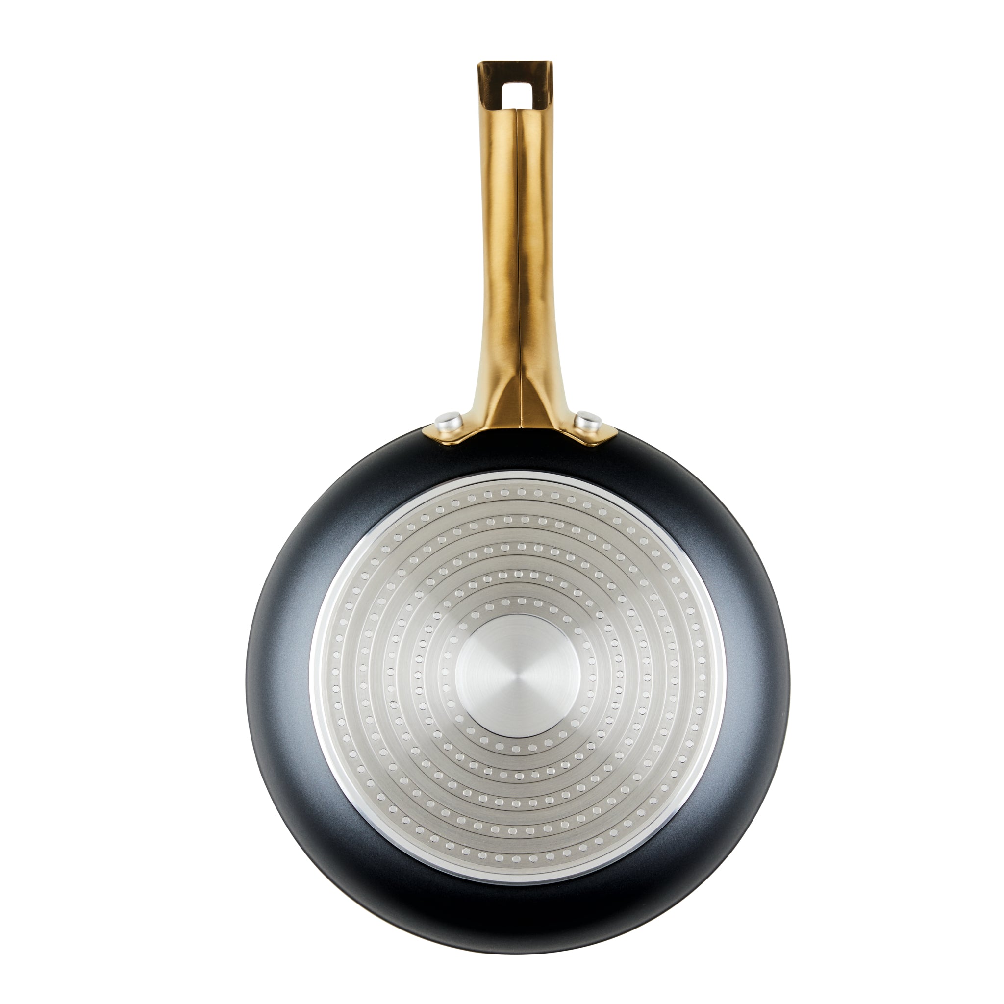 Forged Induction Ceramic 8.25-Inch Frying Pan, featuring a nonstick surface and a forged aluminum base with a gold handle, viewed from above.