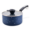 The Bon Voyage 2-Quart Ceramic Nonstick Saucepan with Lid features a blue finish adorned with a star pattern, complete with a sleek black handle, reminiscent of Mickey Mouse's nautical adventures.