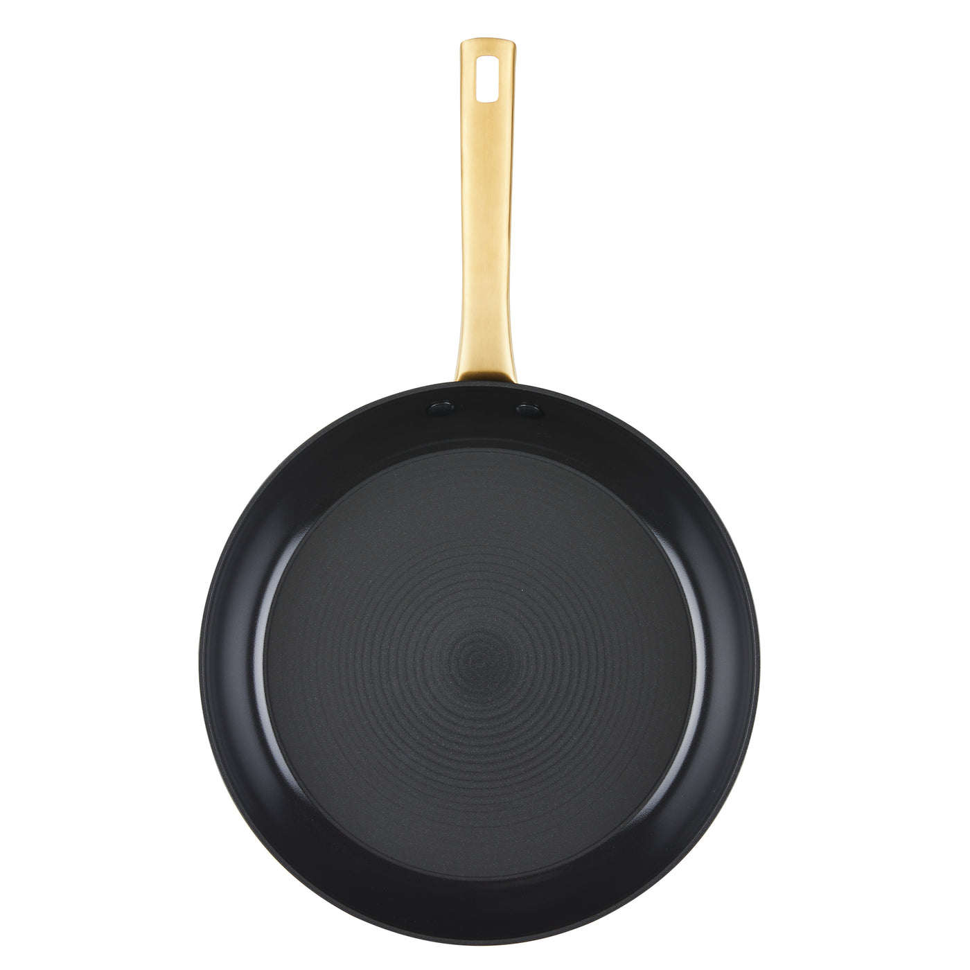 Forged 12.25-Inch frying pan with a gold handle and induction-ready ceramic nonstick surface, viewed from above.