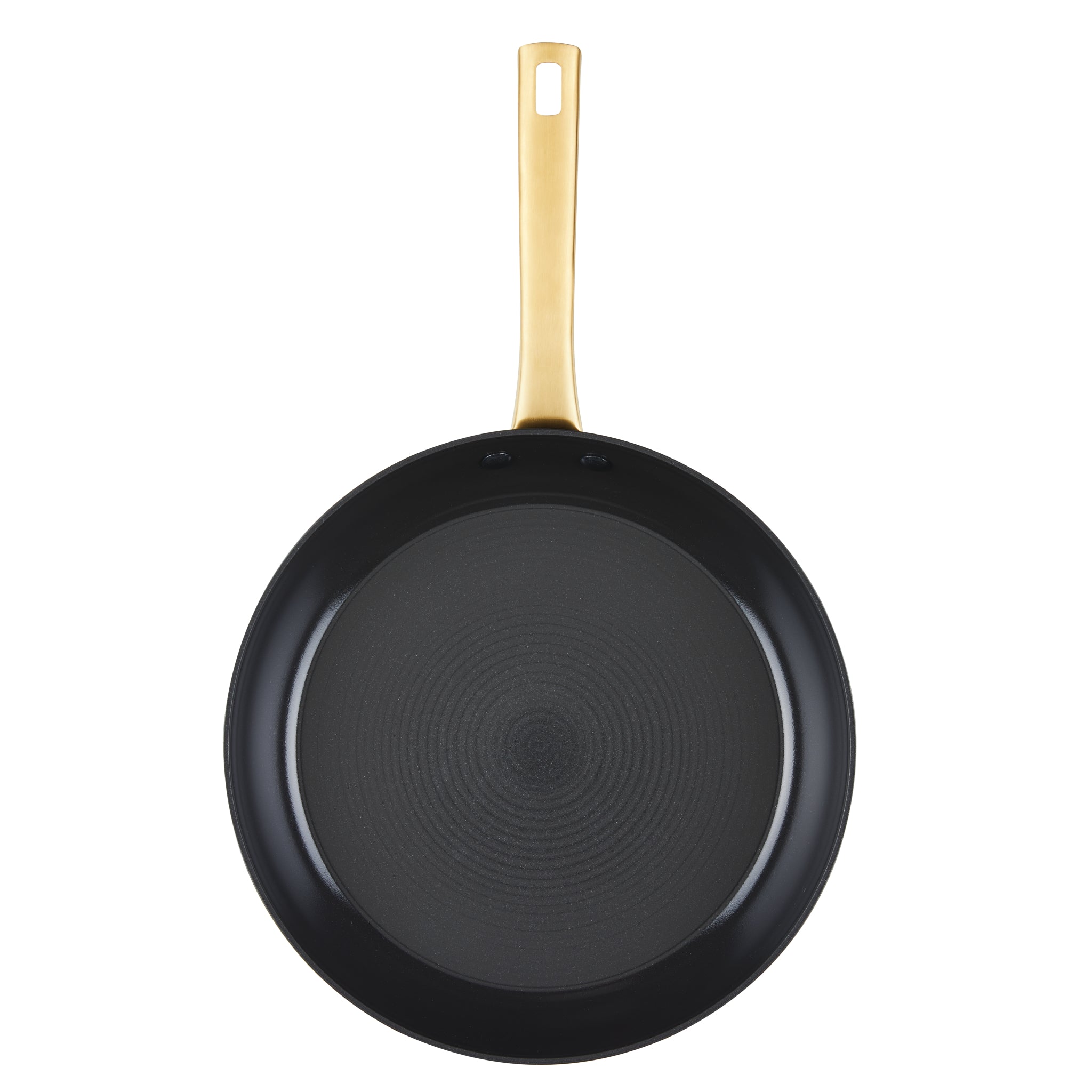 Forged 12.25-Inch frying pan with a gold handle and induction-ready ceramic nonstick surface, viewed from above.