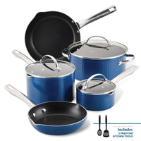 The Farberware Style Nonstick Cookware Set, 10-Piece in blue, features silver handles and DiamondMax™ Nonstick coating, and comes with two kitchen tools.