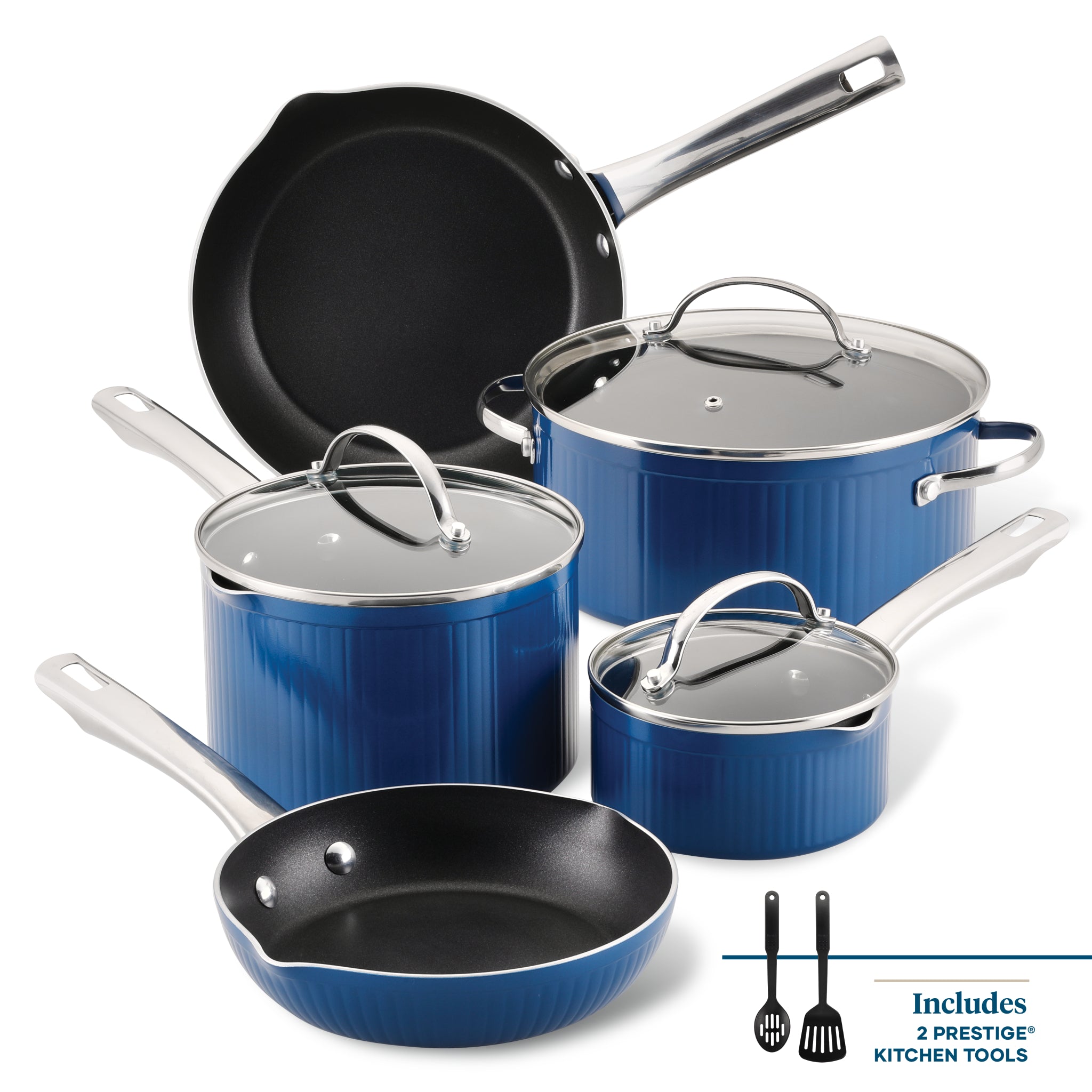 The Farberware Style Nonstick Cookware Set, 10-Piece in blue, features silver handles and DiamondMax™ Nonstick coating, and comes with two kitchen tools.