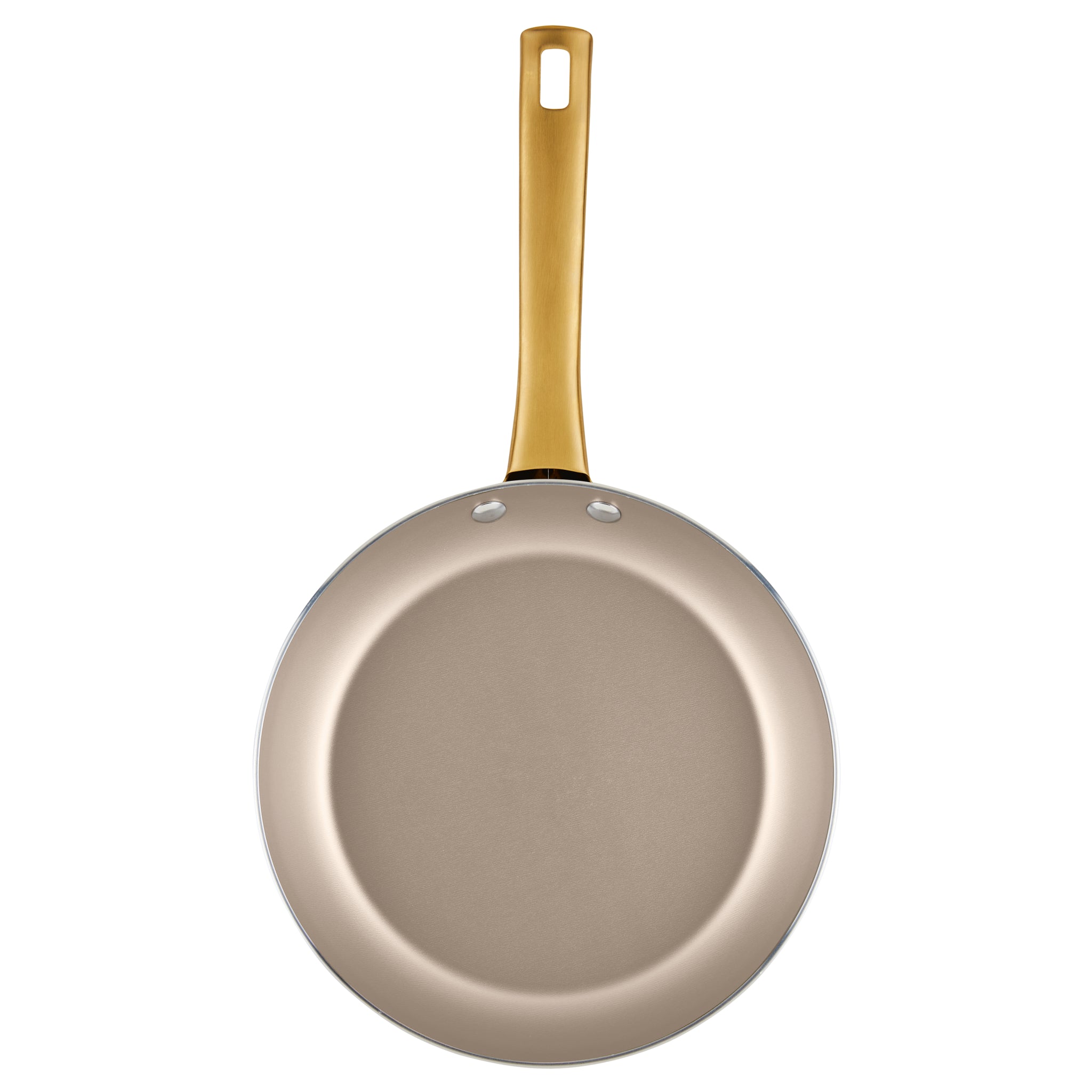 The Radiant Nonstick 12-Piece Cookware Set features a frying pan with a gold accent handle, viewed from above to highlight its even heat distribution for perfect cooking.