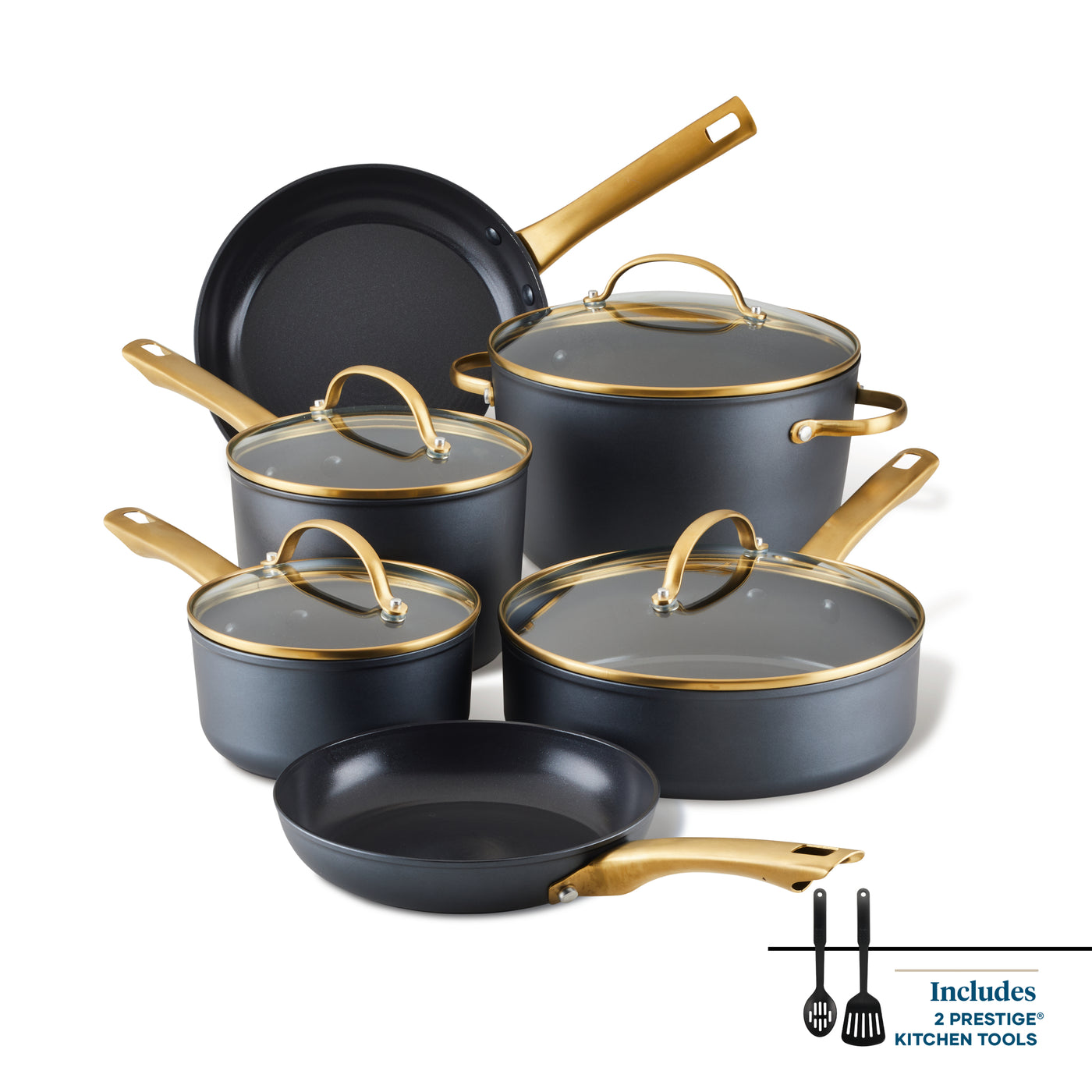 Introducing the Forged Induction Ceramic 12-Piece Cookware Set, featuring a sophisticated design with gray pots and pans adorned with gold handles and glass lids. Crafted from durable forged aluminum, this set is ceramic nonstick and induction-ready, making it a stylish and functional addition to any modern kitchen.