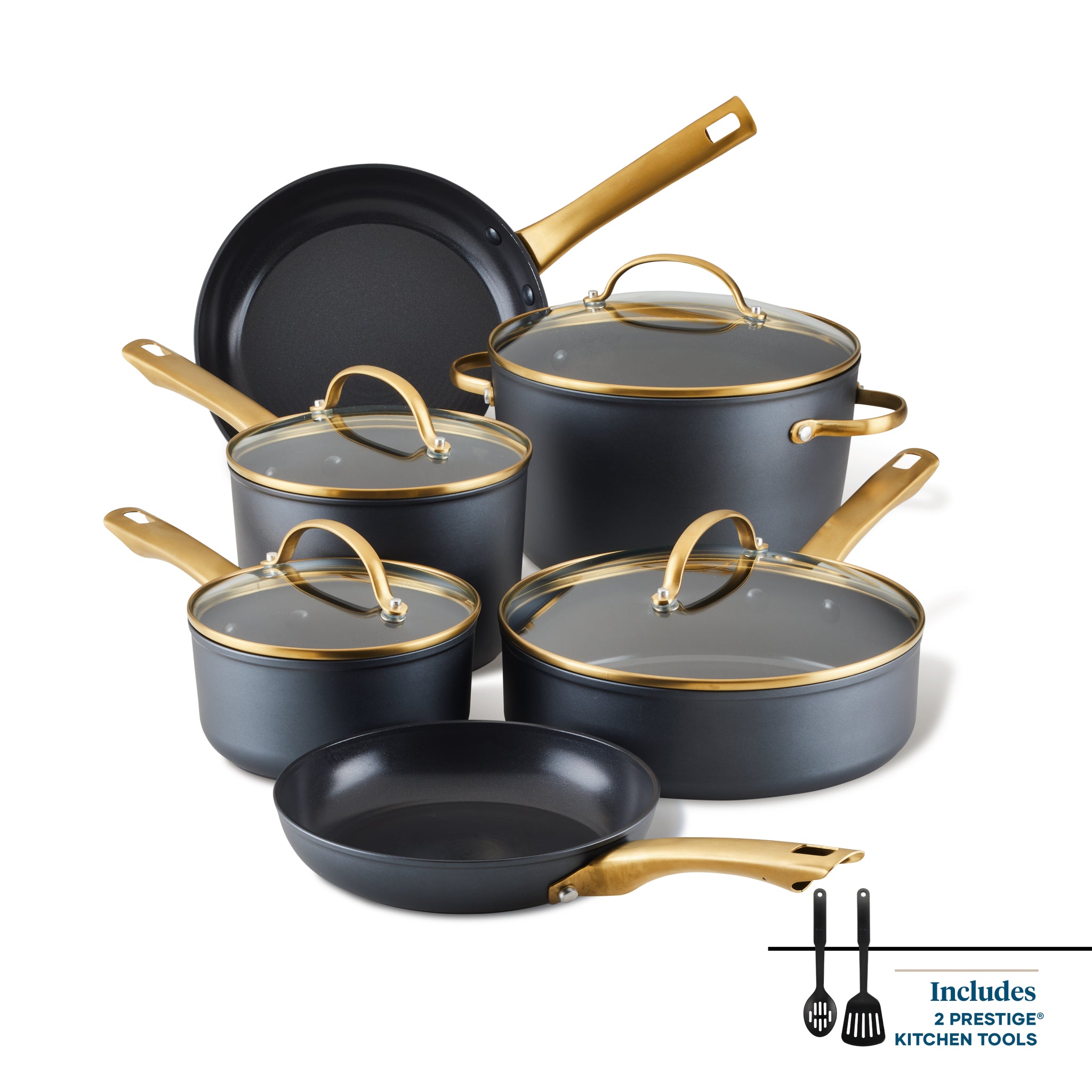 Introducing the Forged Induction Ceramic 12-Piece Cookware Set, featuring a sophisticated design with gray pots and pans adorned with gold handles and glass lids. Crafted from durable forged aluminum, this set is ceramic nonstick and induction-ready, making it a stylish and functional addition to any modern kitchen.