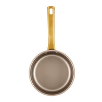 Radiant Nonstick 2-Quart Saucepan With Lid features excellent heat distribution and a long, yellow handle.