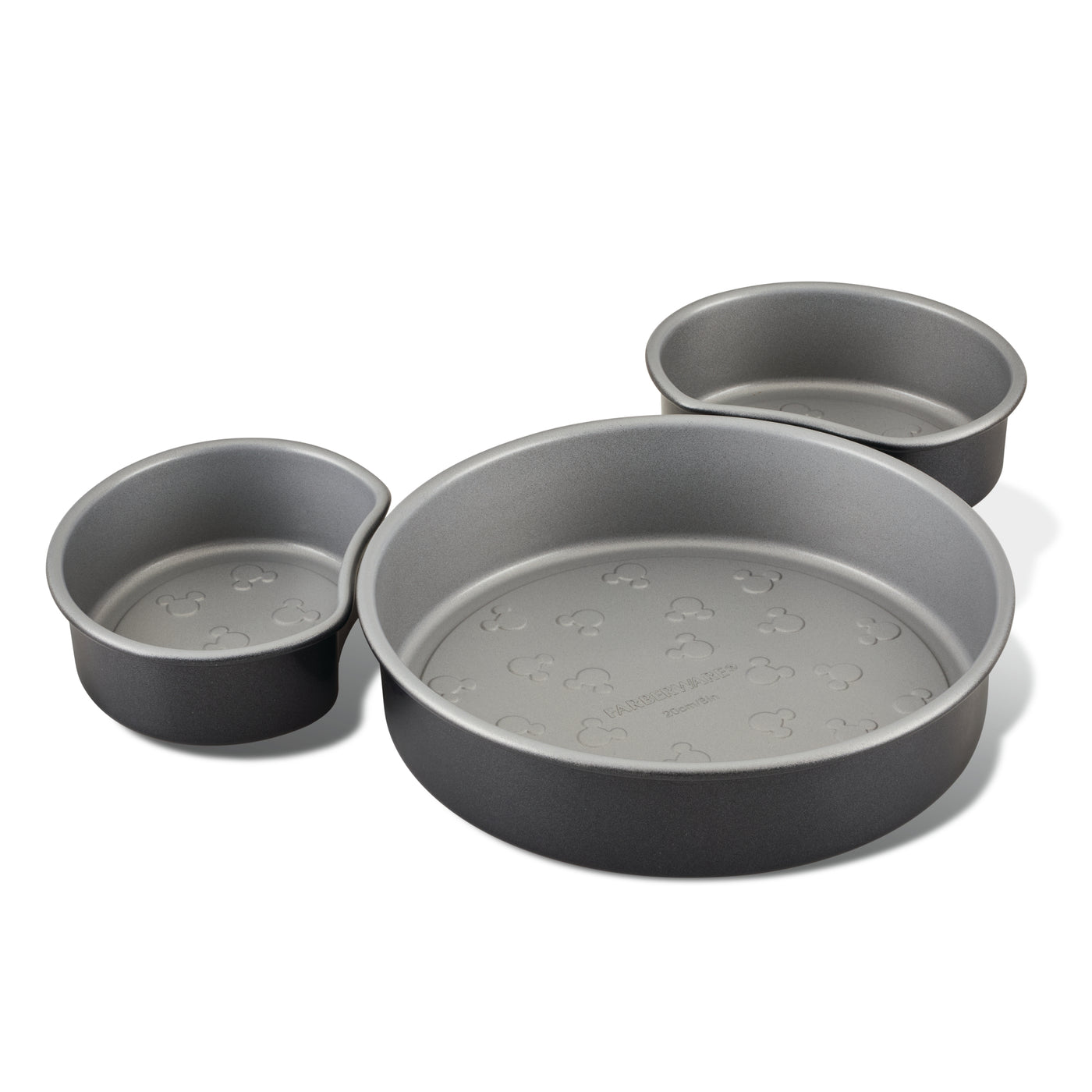 Discover the charming 3-Piece Nonstick Mickey Head Cake Pan Set: a trio of round gray pans, each in varying sizes, ideal for creating your favorite cakes with ease.