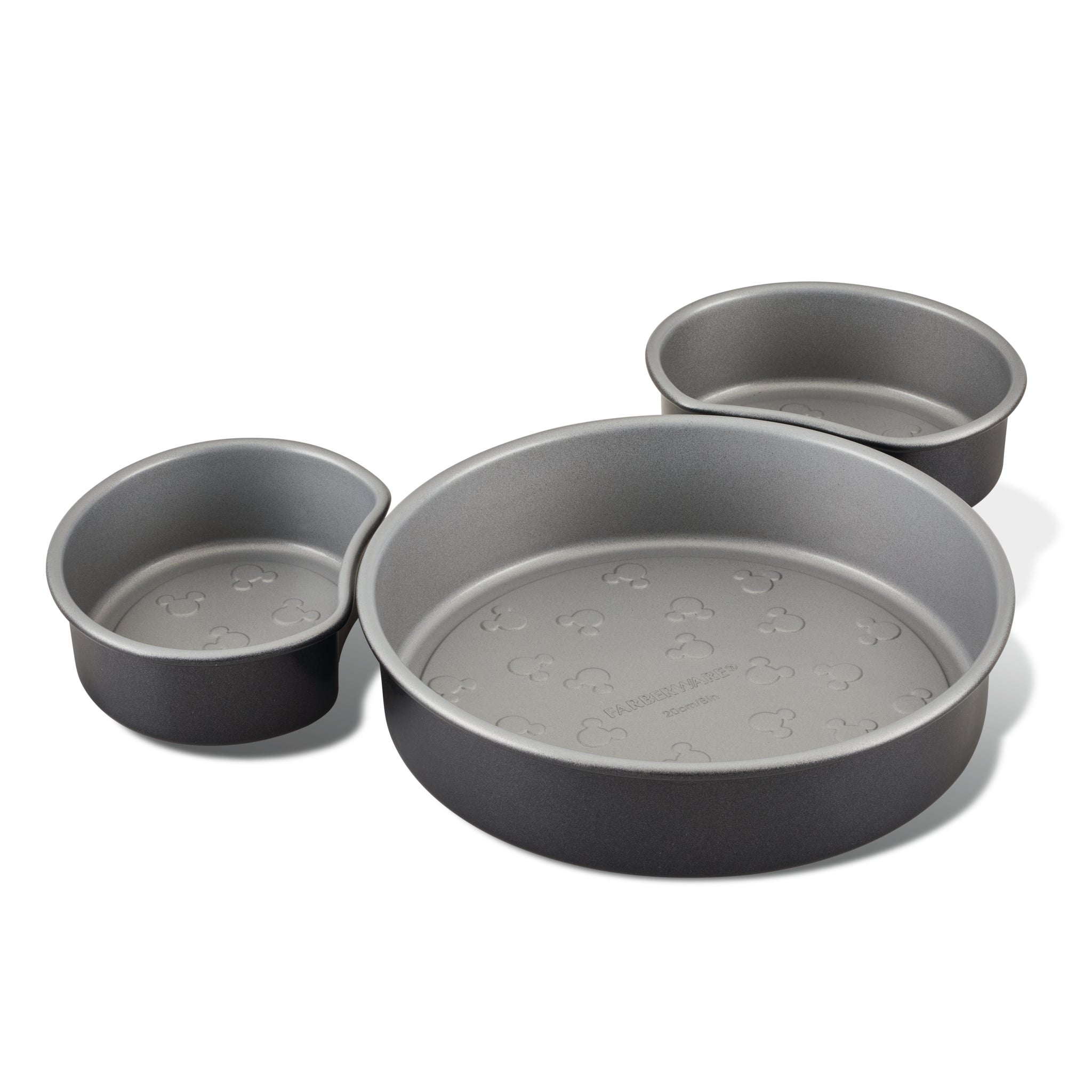 Discover the charming 3-Piece Nonstick Mickey Head Cake Pan Set: a trio of round gray pans, each in varying sizes, ideal for creating your favorite cakes with ease.
