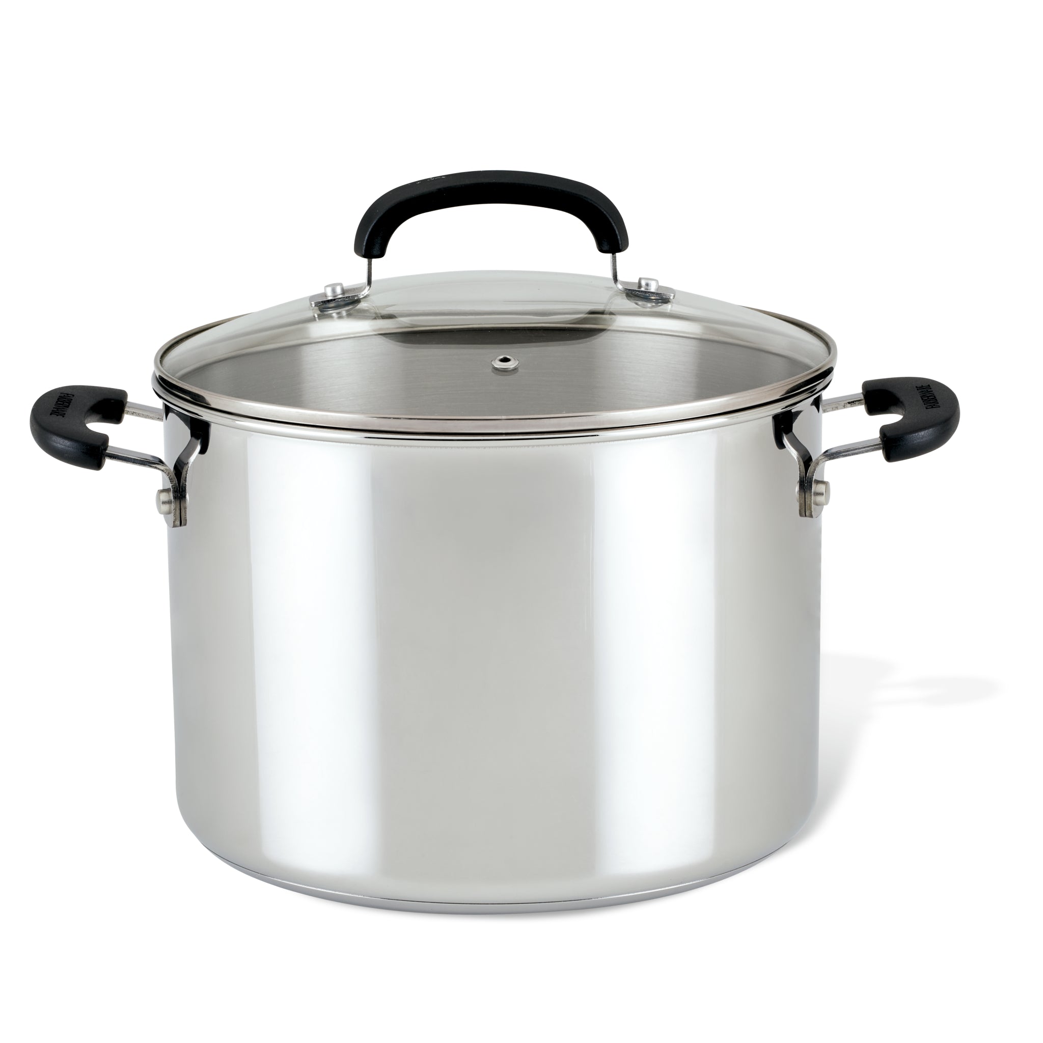 The 8-Quart Stainless Steel Stockpot from the Farberware Brilliance collection features a durable design with handles and a glass lid, perfect for all your cooking needs.