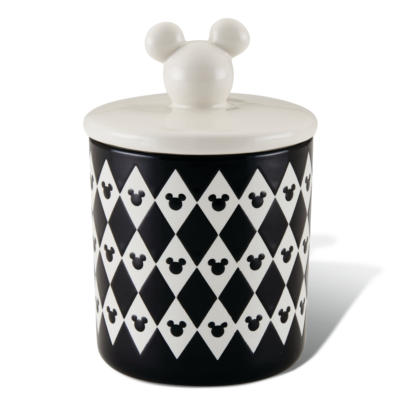The Ceramic Jar with Airtight Lid has a black and white diamond pattern and a lid shaped like mouse ears, reminiscent of Disney's Mickey Mouse. This design is both charming and practical, ensuring contents stay fresh.