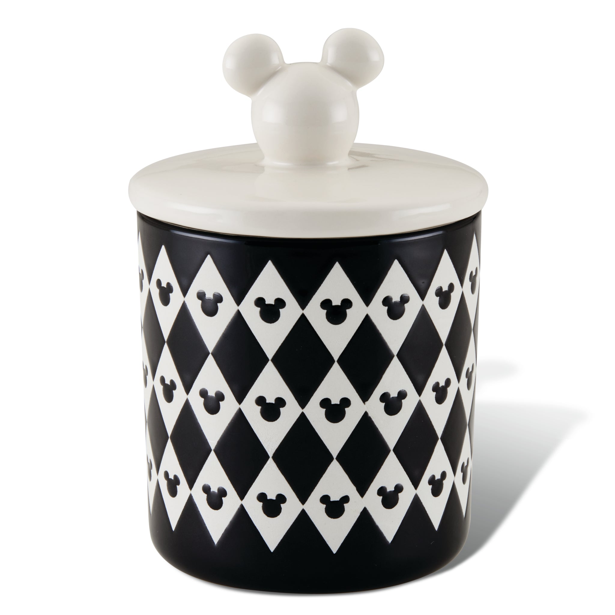 The Ceramic Jar with Airtight Lid has a black and white diamond pattern and a lid shaped like mouse ears, reminiscent of Disney's Mickey Mouse. This design is both charming and practical, ensuring contents stay fresh.