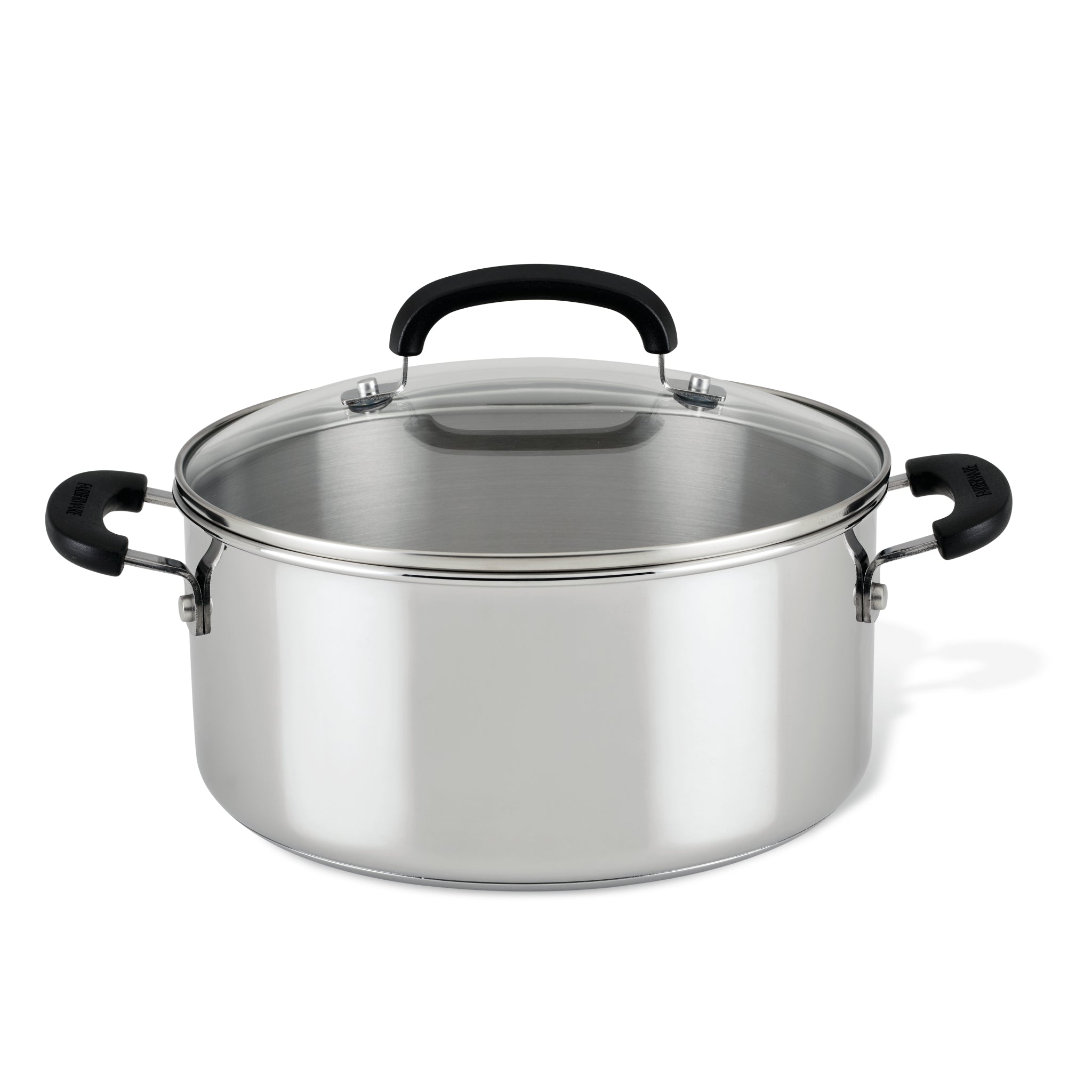 The 5-Quart Stainless Steel Dutch Oven with black handles and a glass lid is perfect for everyday cooking.