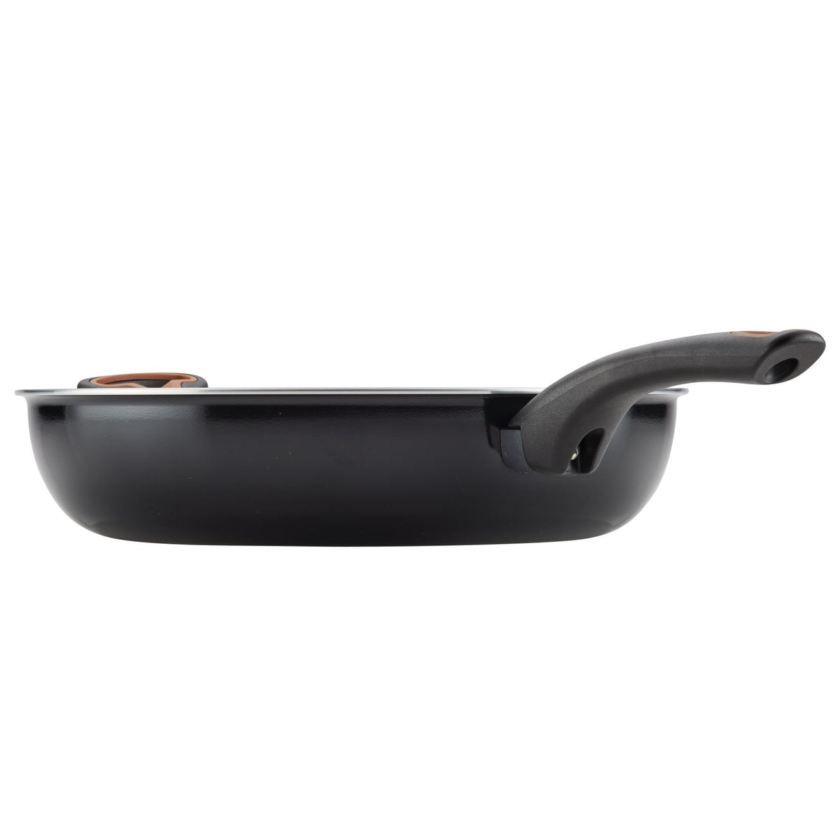 Black frying pan with a long handle viewed from the side.