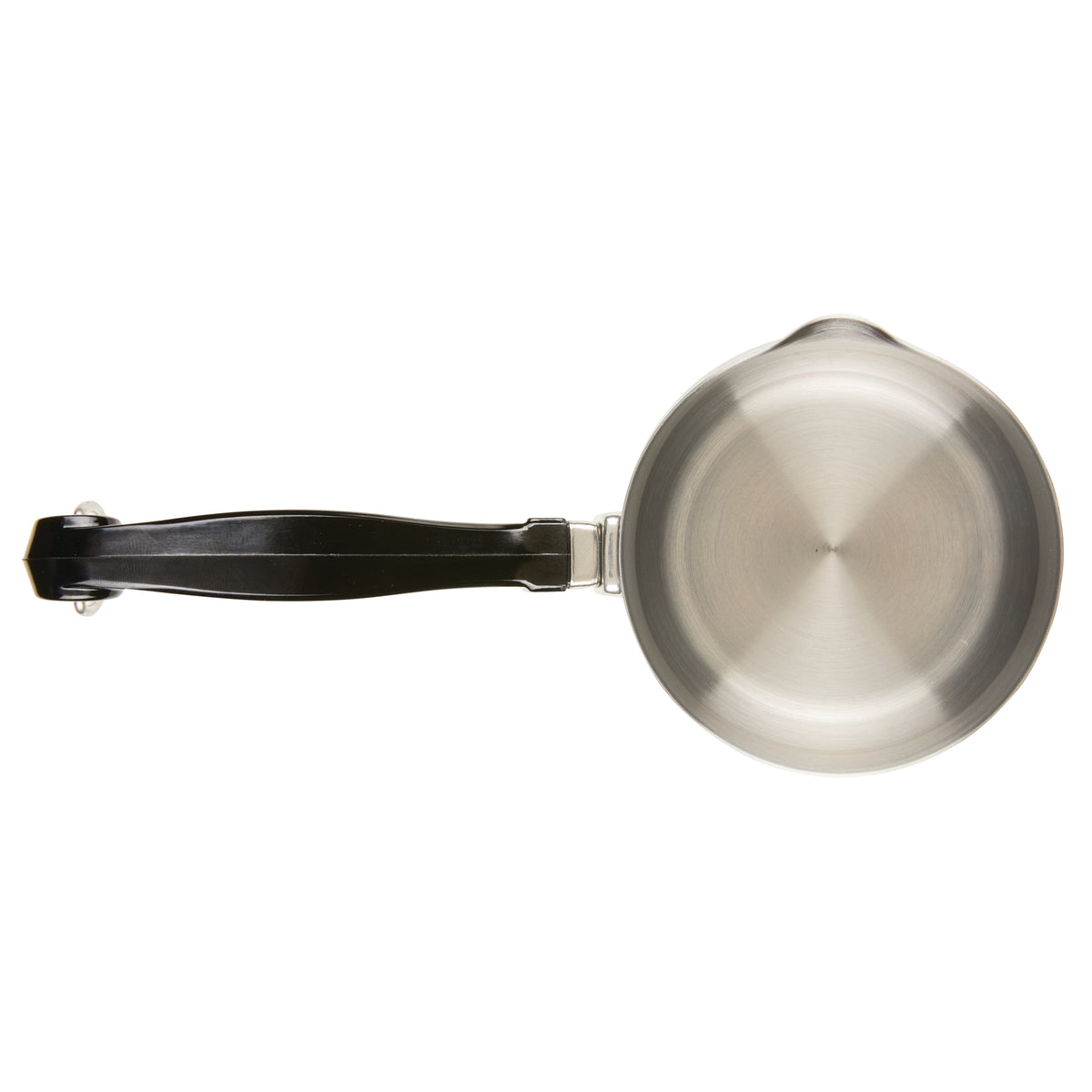 A stainless steel saucepan with a black handle, viewed from above.