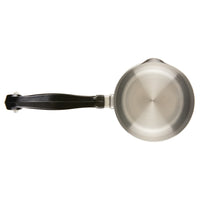A stainless steel saucepan with a black handle, viewed from above.