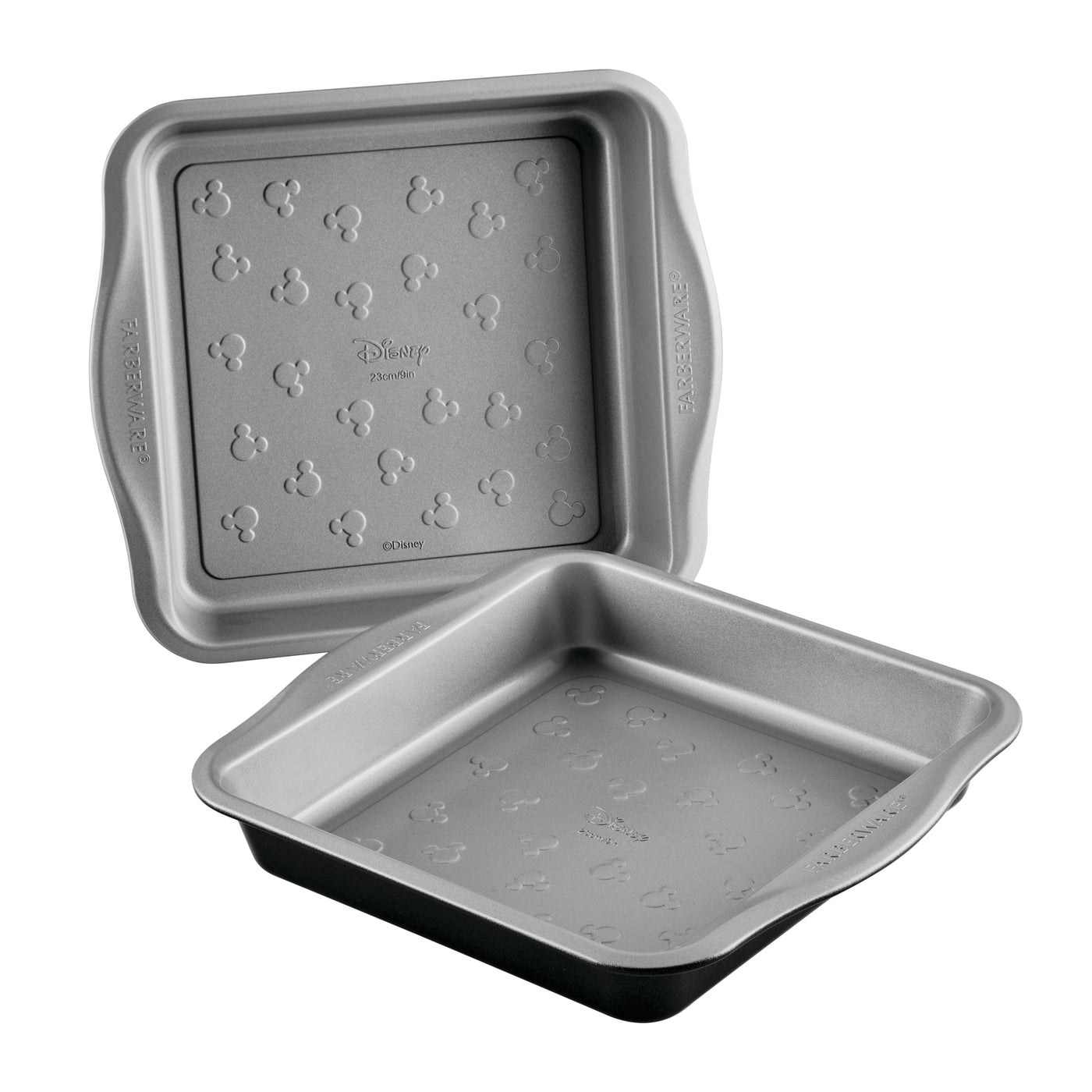 Two gray Disney 9" cake pans with Mickey Mouse patterns inside.