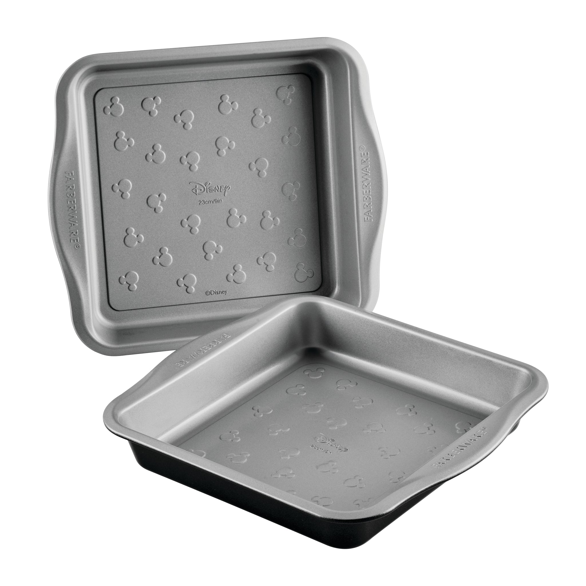 Two gray Disney 9" cake pans with Mickey Mouse patterns inside.