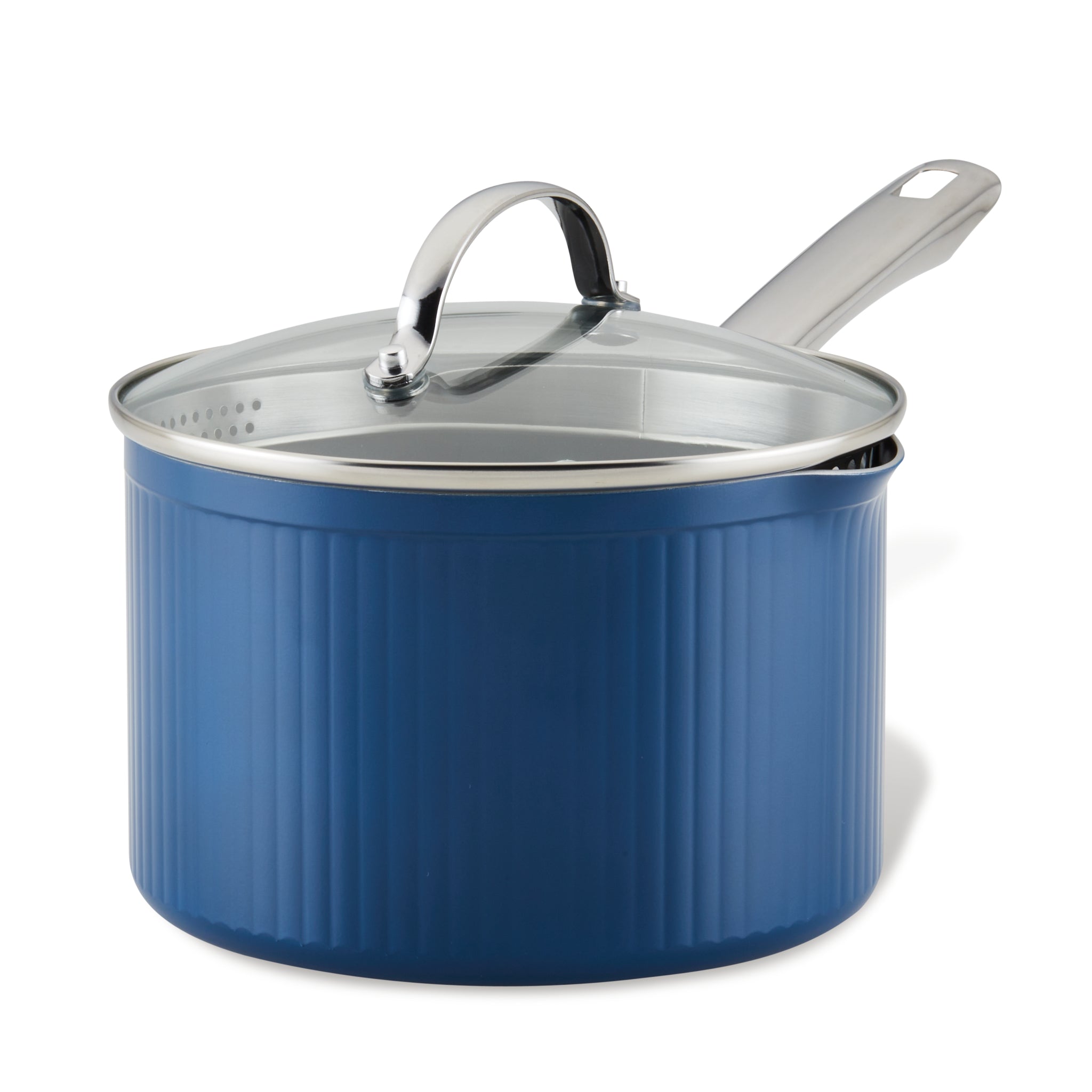 Style Nonstick Cookware Straining Saucepan, 3-Quart, featuring fast-heating aluminum construction and a tempered glass lid with a metal handle against a white background.