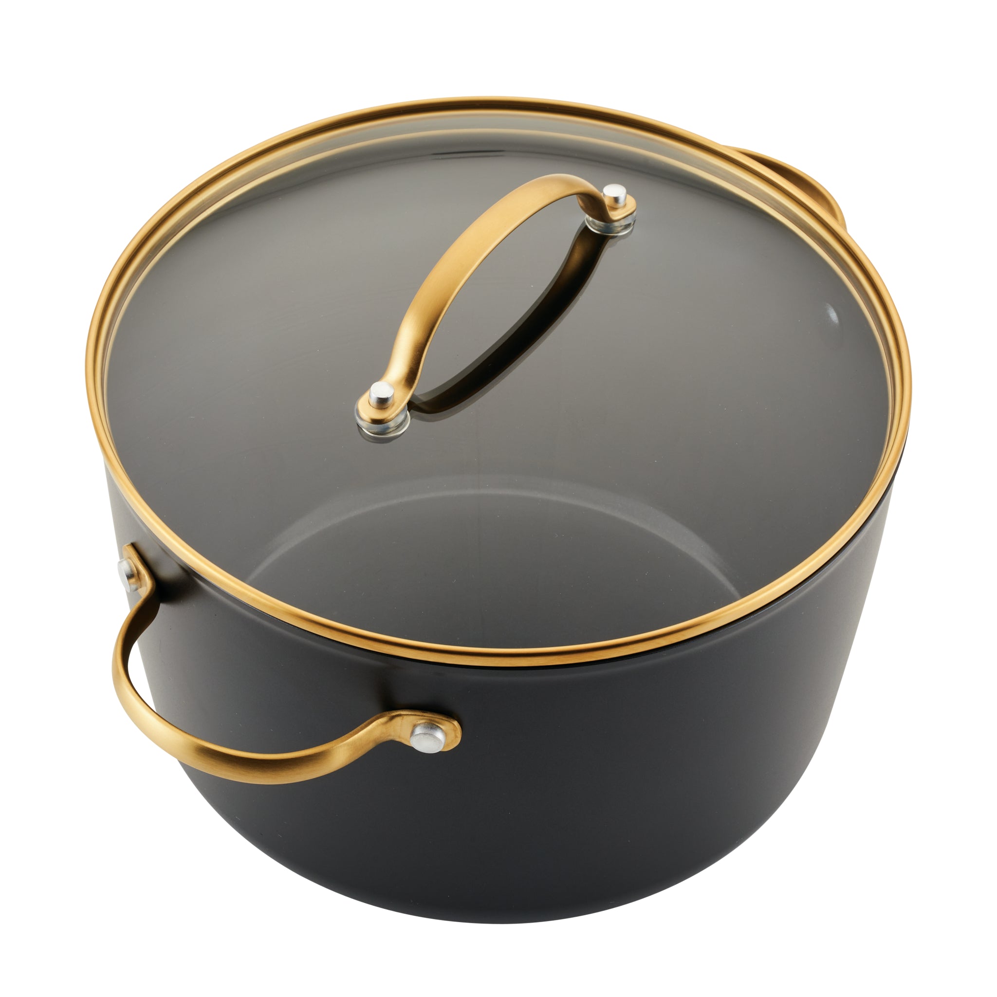 This stylish pot from the Forged Induction Ceramic 12-Piece Cookware Set is crafted from forged aluminum and features gold handles along with a glass lid.