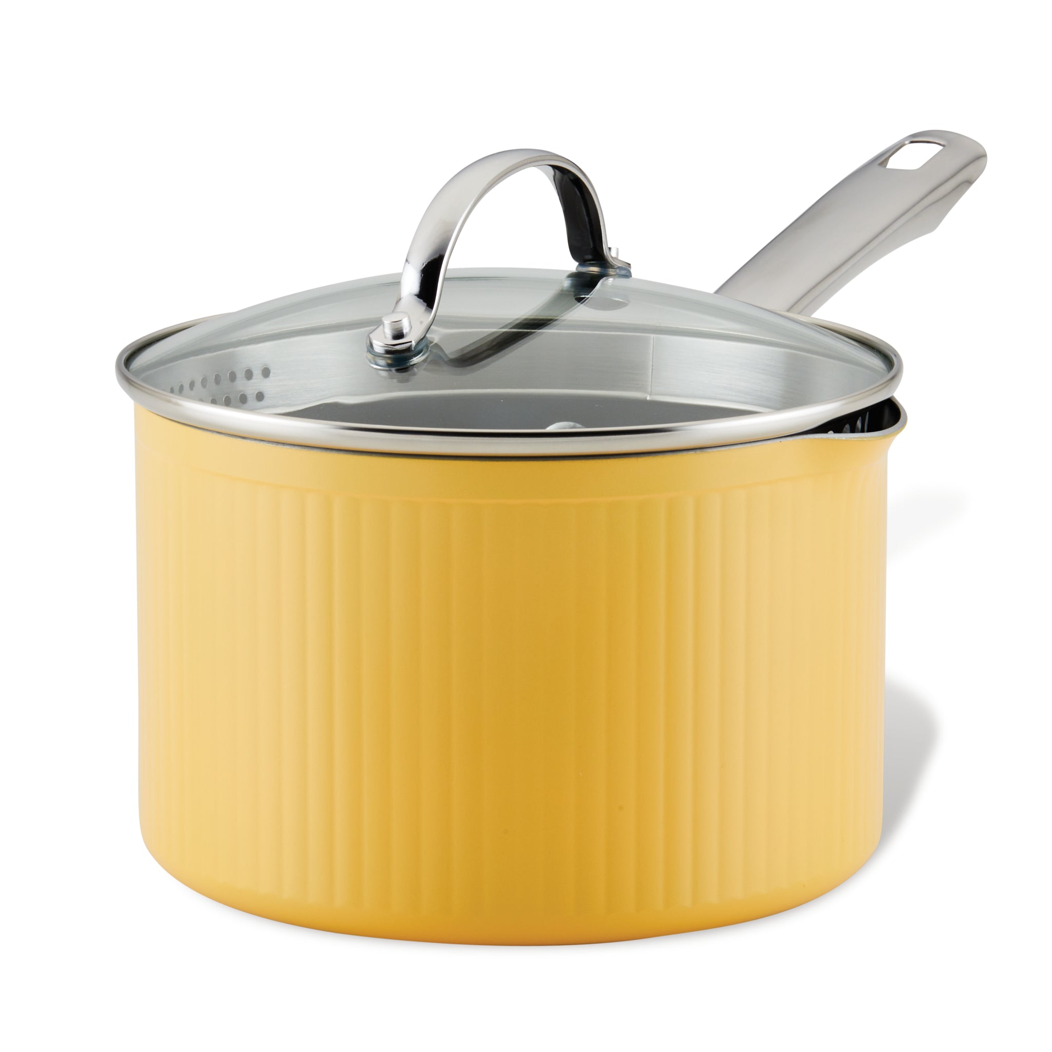 Check out the 3-Quart Style Nonstick Cookware Straining Saucepan with Lid. It features a vibrant yellow exterior made from fast-heating aluminum and includes a DiamondMax™ Nonstick coating. The saucepan comes with a tempered glass lid and is complemented by a sturdy metal handle, all presented against a crisp white background.