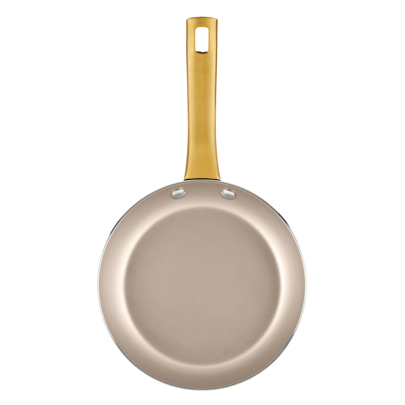 A top view of the Radiant Nonstick Frying Pan reveals a champagne-colored surface and a gold handle, making it ideal for even heat distribution.