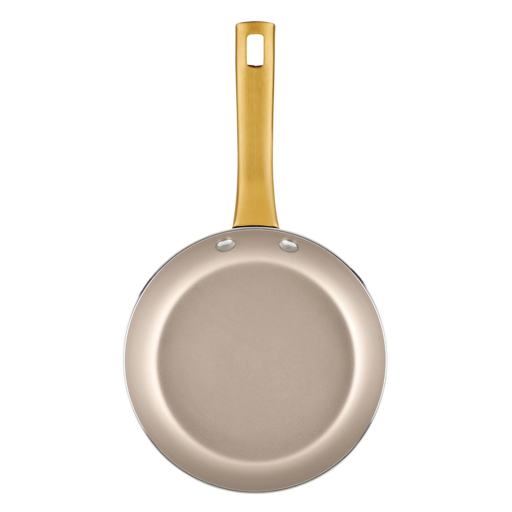 A top view of the Radiant Nonstick Frying Pan reveals a champagne-colored surface and a gold handle, making it ideal for even heat distribution.