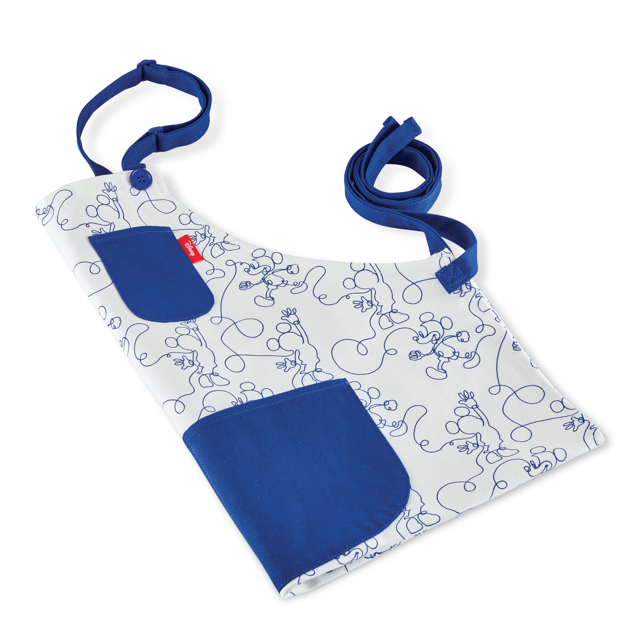 Bon Voyage Apron features a white base adorned with a blue abstract design, complemented by solid blue pockets and straps, ideal for your culinary voyages.