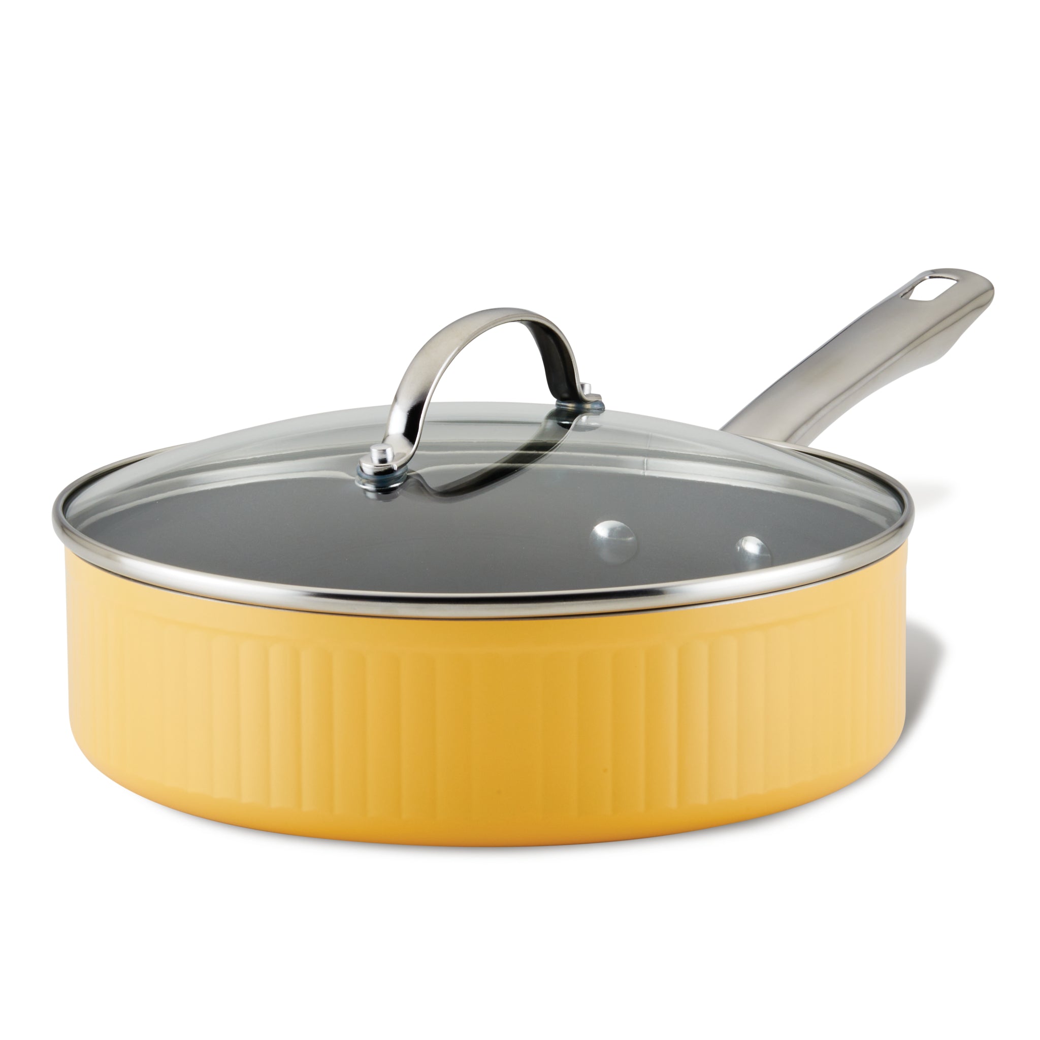The Style Nonstick Cookware Saute Pan with Lid, 3-Quart, in yellow features a glass lid and metal handle with DiamondMax™ Nonstick technology for enhanced durability. This versatile piece in your nonstick cookware collection ensures even heat distribution and effortless cooking.