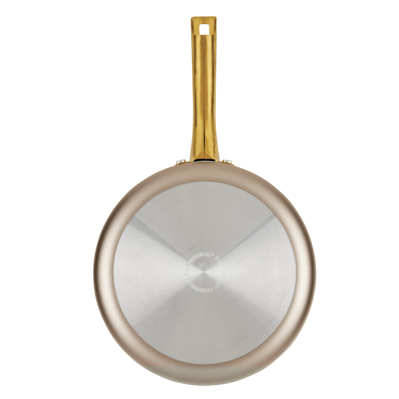A view from above of the Radiant Nonstick 2.75-Quart Saute Pan with Lid, featuring a handle accented in gold.