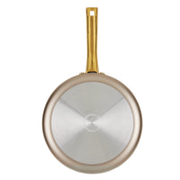 A view from above of the Radiant Nonstick 2.75-Quart Saute Pan with Lid, featuring a handle accented in gold.