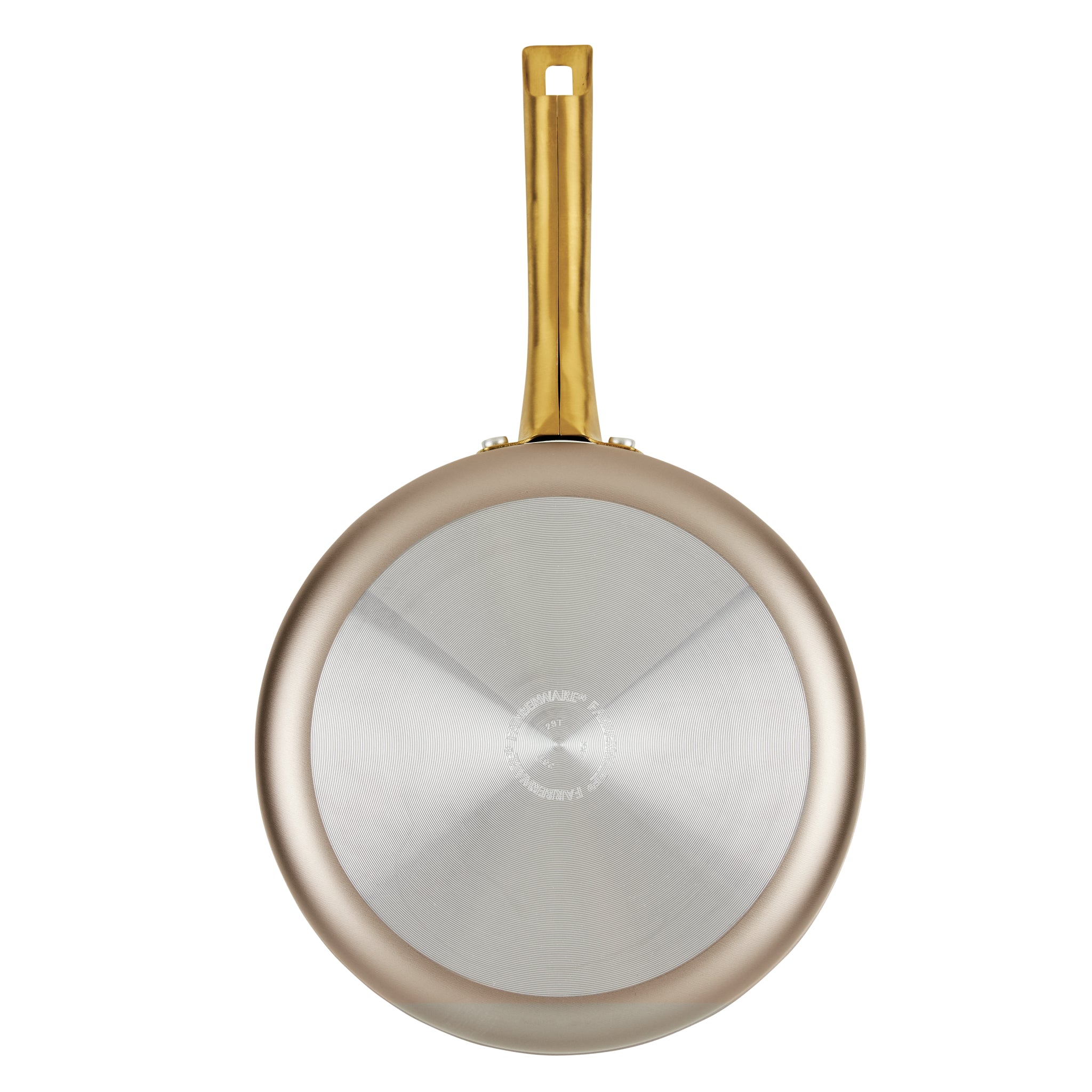 A view from above of the Radiant Nonstick 2.75-Quart Saute Pan with Lid, featuring a handle accented in gold.